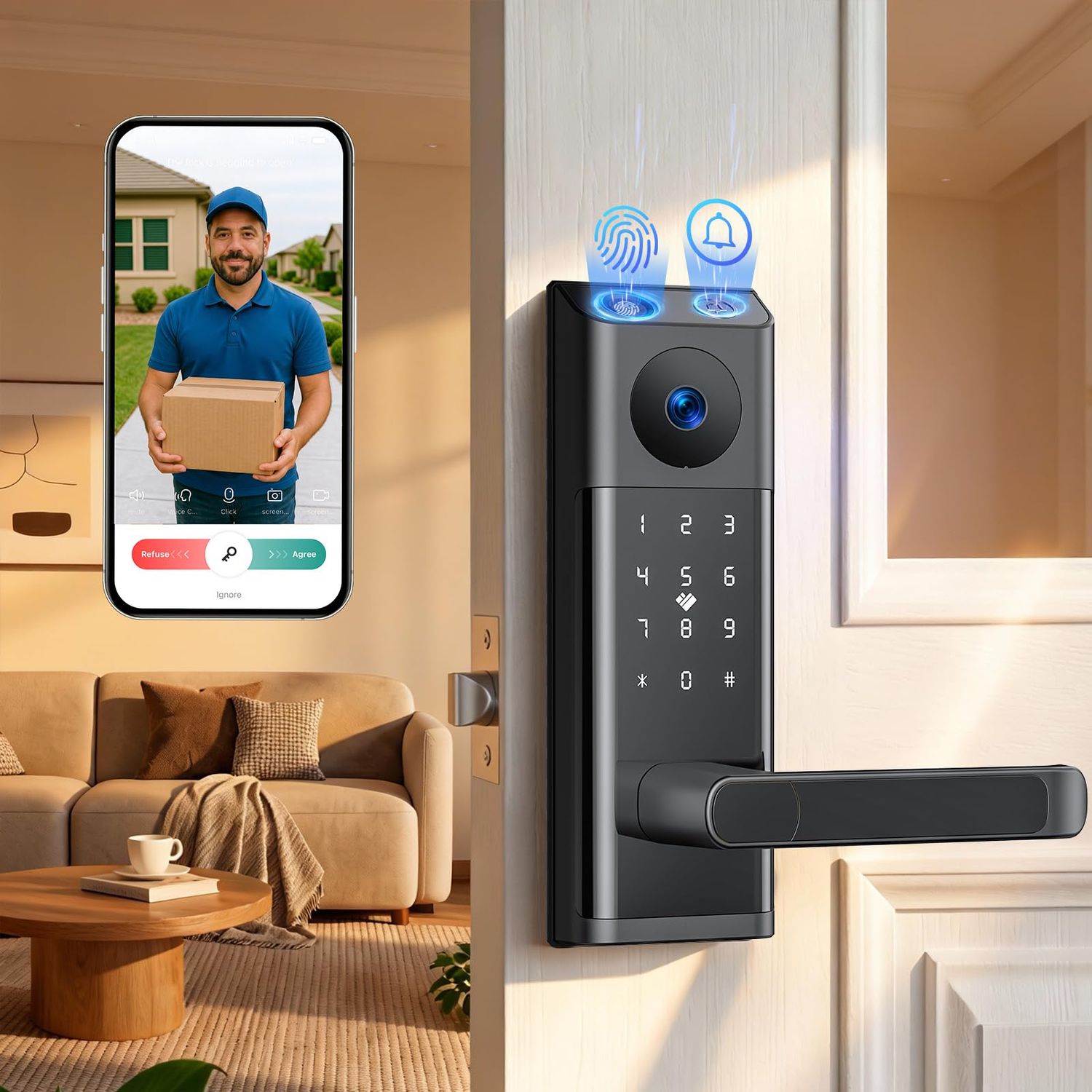 CAMCAMP Smart Lock with Camera &amp; Doorbell, Keyless Entry Door with Handle, Built-in WiFi Deadbolt for Front Door, Fingerprint