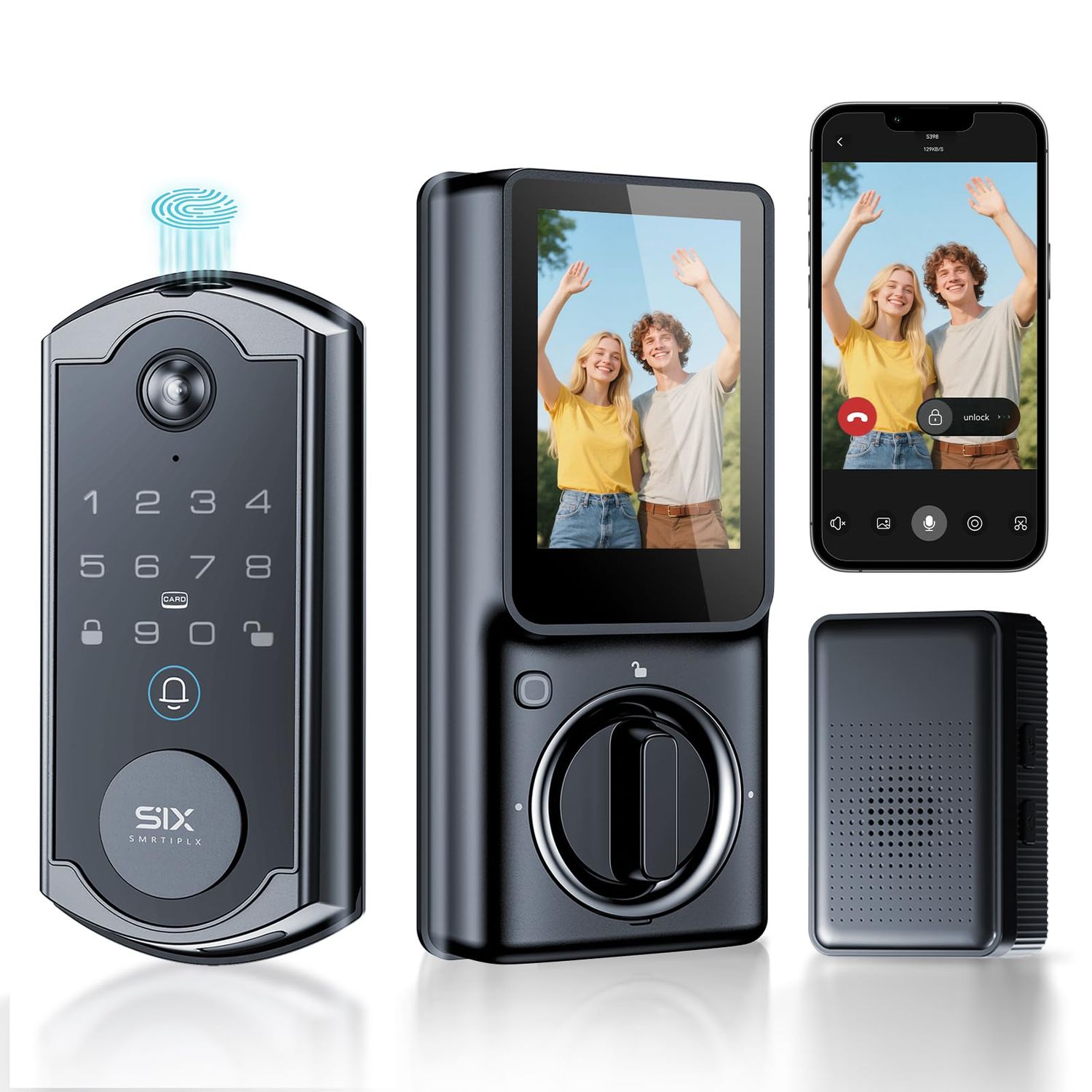 Video Smart Lock S, 4-in-1 Camera + Doorbell Fingerprint Keyless Door Indoor Display Monitor, WiFi Deadbolt, App Remote Con