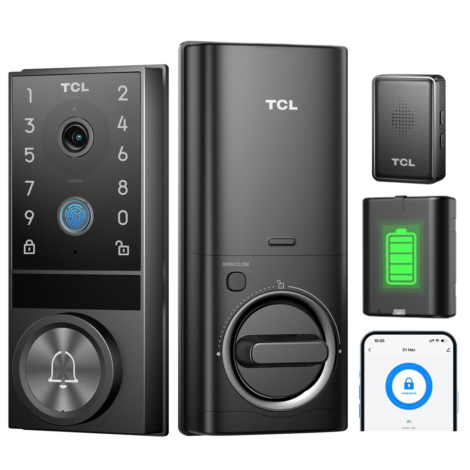 TCL D1 Max Security Video Smart Lock, 3-in-1 2K Camera, Doorbell &amp; Fingerprint Keyless Entry Door WiFi Lock with App Remote Control