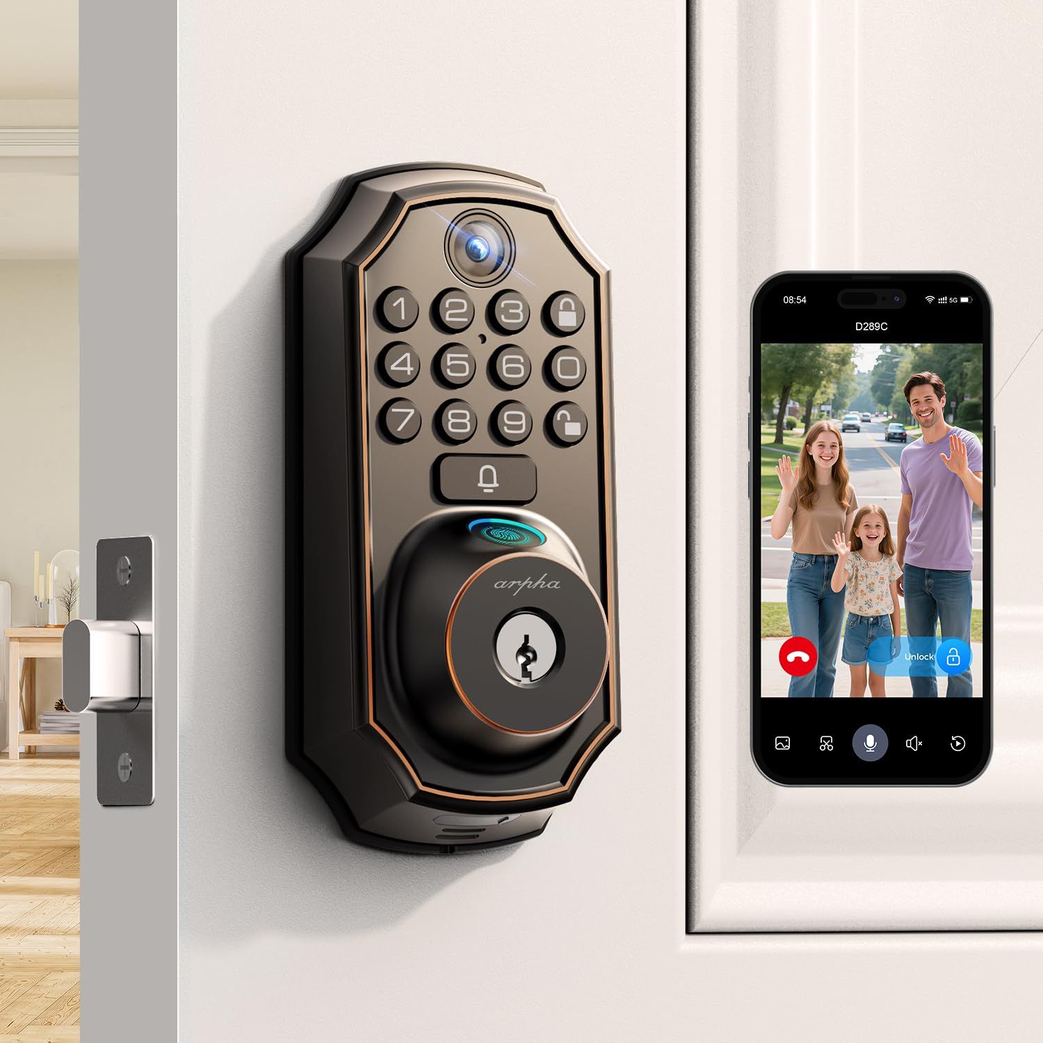 WiFi Video Smart Lock with Camera -Keyless Entry Deadbolt, 5-in-1 (Camera+Doorbell+Fingerprint+Keypad), App Control, Two-Way Audio