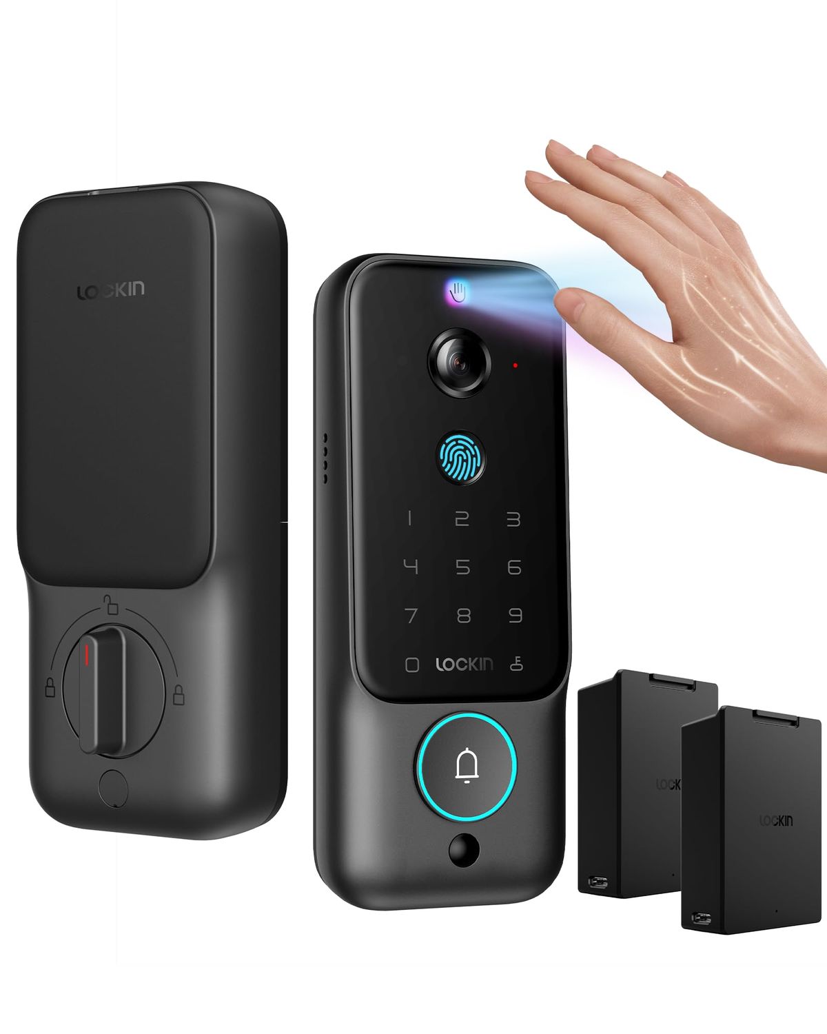 Lockin Veno Plus Smart Lock with Dual Swappable Batteries, 6-Month Power, 2K ° Camera &amp; Video Doorbell, Palm Vein/Fingerprint Entry
