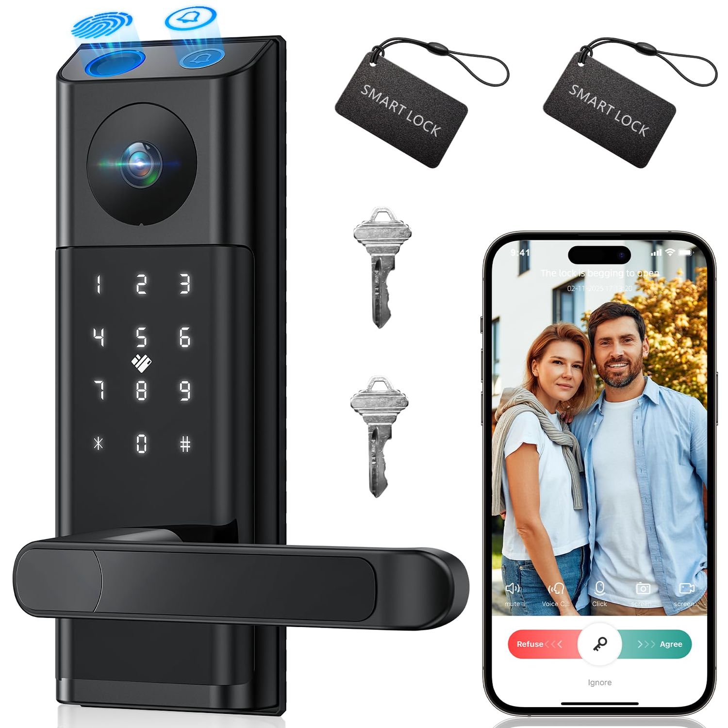 Video Smart Lock with Camera &amp; Doorbell, 5-in-1 Keyless Entry Door with Handle, Fingerprint+Keypad Code+App Remote Control+IC Card, Auto