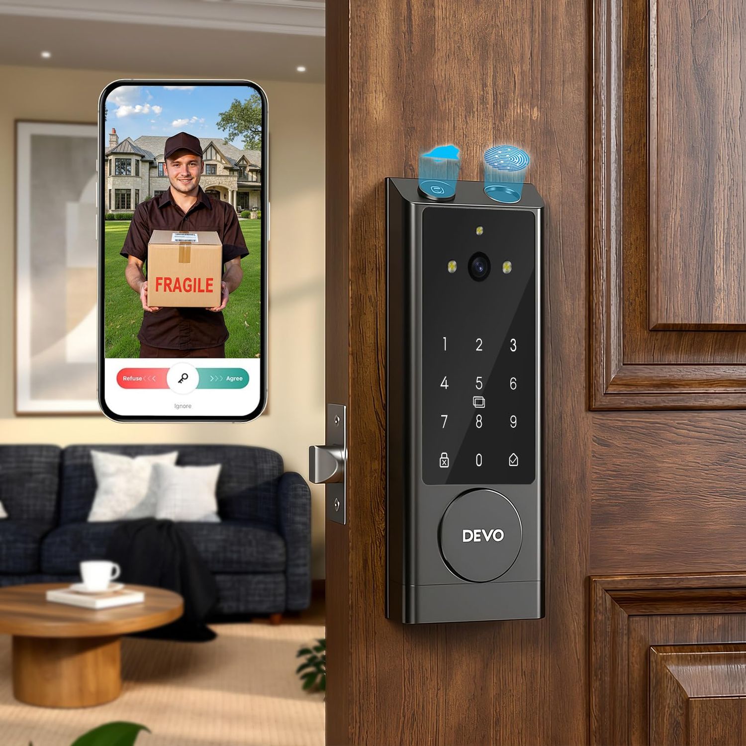 DEVO G1 Video Smart Lock with Camera &amp; Doorbell, 6-in-1 Keyless Entry Door for Front with Fingerprint, Auto Locks, App Remote