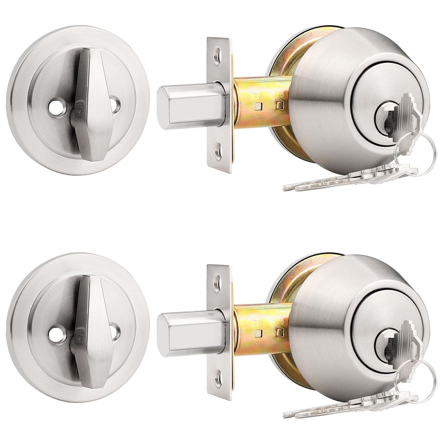 Probrico 2 Pack Satin Nickel Single Cylinder Deadbolt Lock Set, Keyed One Side Door for Exterior and Interior Door, All Alike