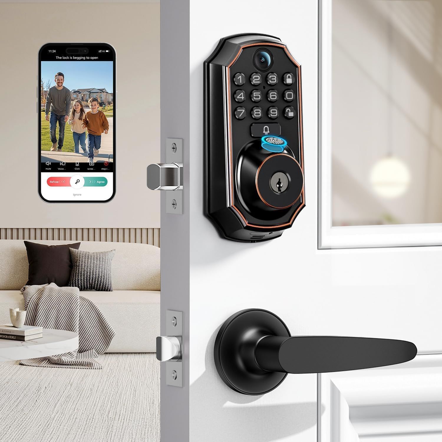 WiFi Video Smart Lock with Camera &amp; Doorbell - 5-in-1 Keyless Entry, Fingerprint, Keypad, App Control