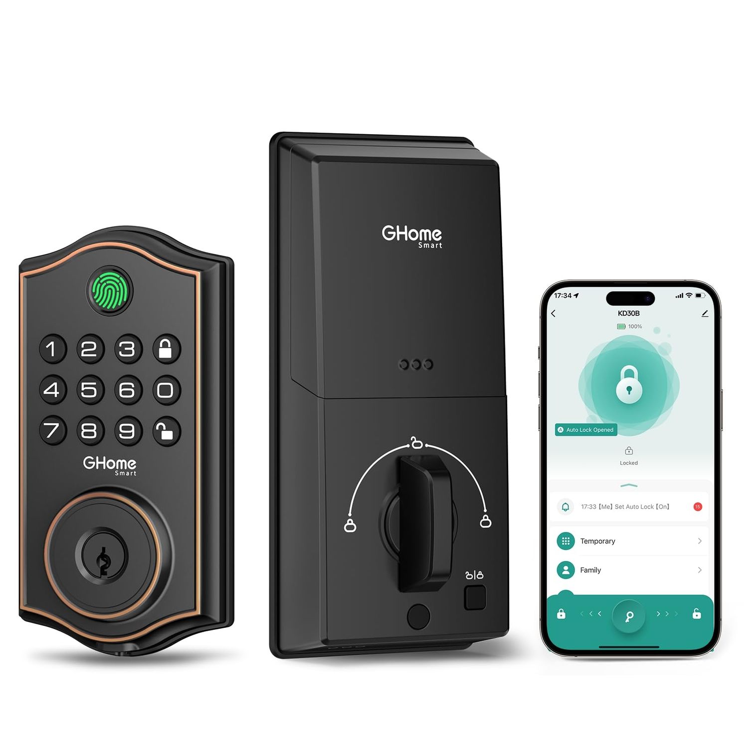 GHome Smart Deadbolt Lock, Fingerprint Code Keyless Entry Door Lock for Front Door, Auto App Control