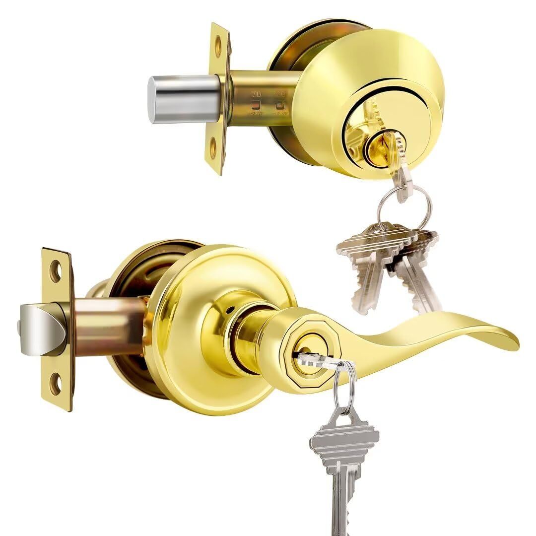 Keyed Entry Door Lock Set Gold, Double Cylinder Deadbolts, Alike Exterior Lock, Reversible Handles