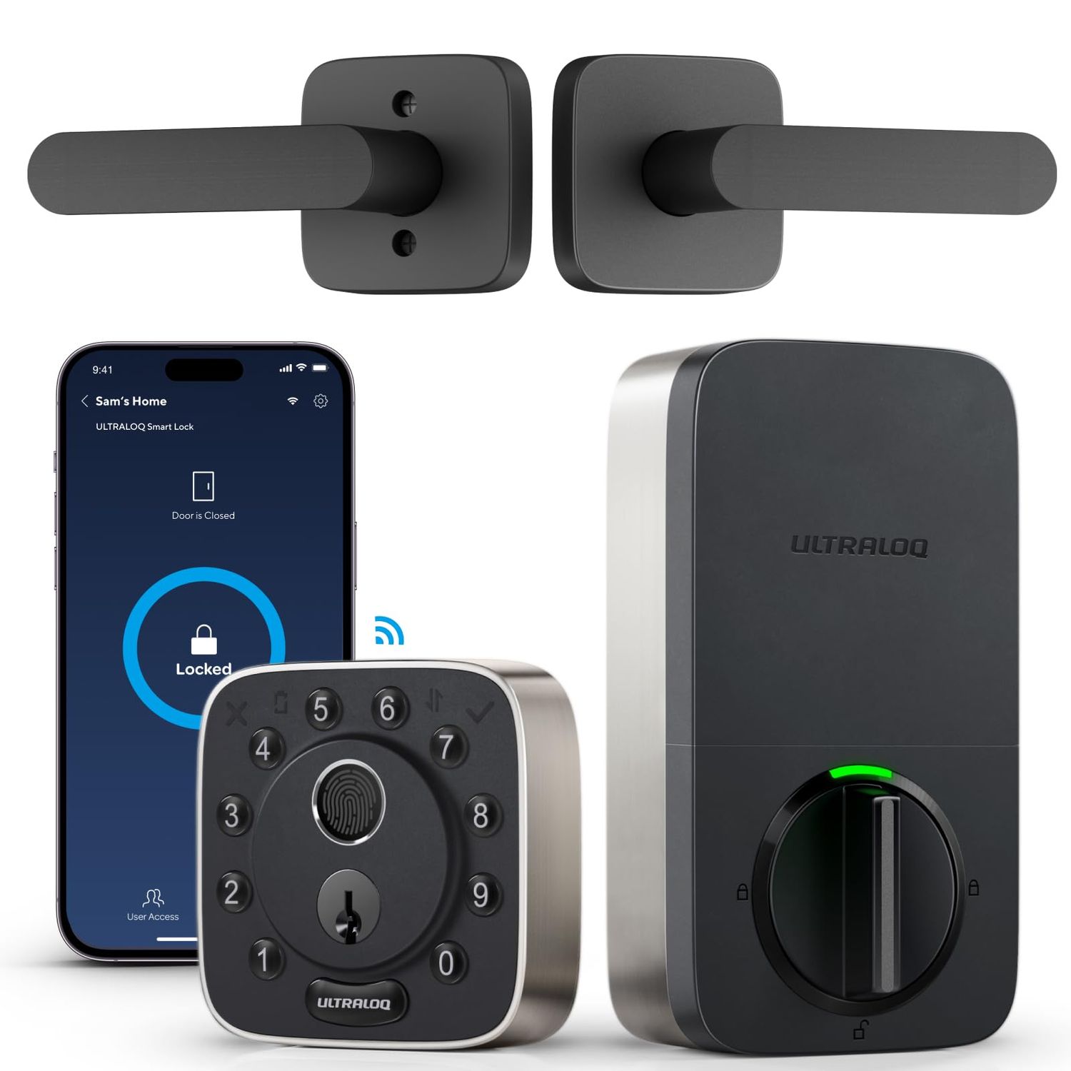 ULTRALOQ Bolt Fingerprint Smart Lock with Lever, Front Keypad Door with Handle, Built-in WiFi Deadbolt, App Remote Control
