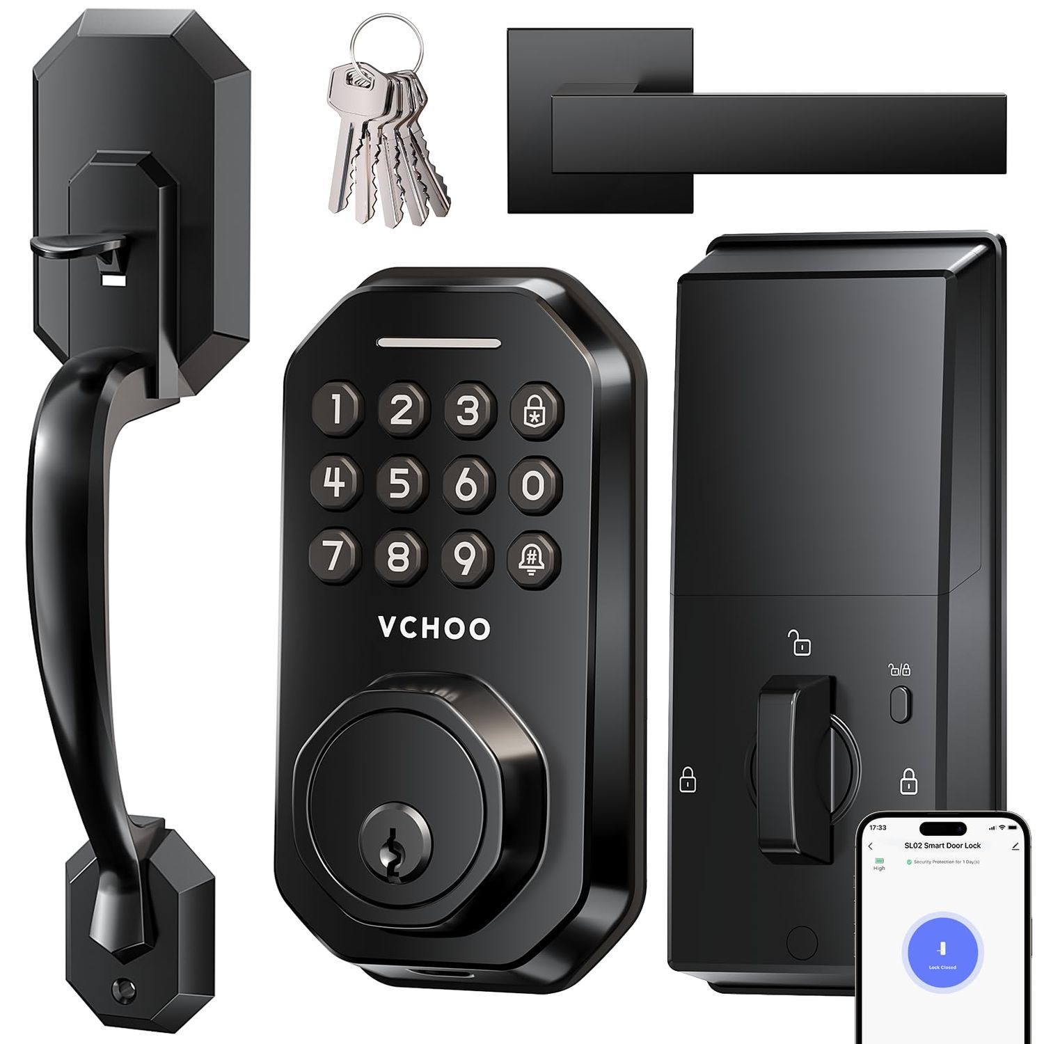 WiFi Smart Door Lock for Front Door, App Control, Keyless Entry with Handle Set, Auto