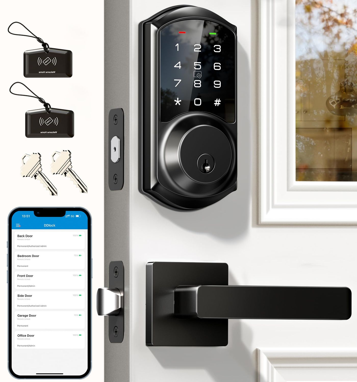 Veise VE06-L Smart Locks with 2 Lever Handle Set, App Control, Keyless Entry Deadbolt for Front Door, Electronic Digital Touchscreen Keypad