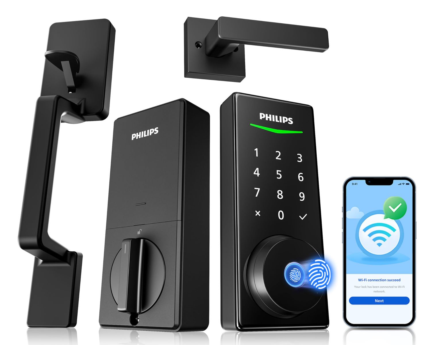 Philips WiFi Smart Lock with Front Door Handle Set, Built-in WiFi, APP Remote &amp; Voice Control, Fingerprint Keyless Entry