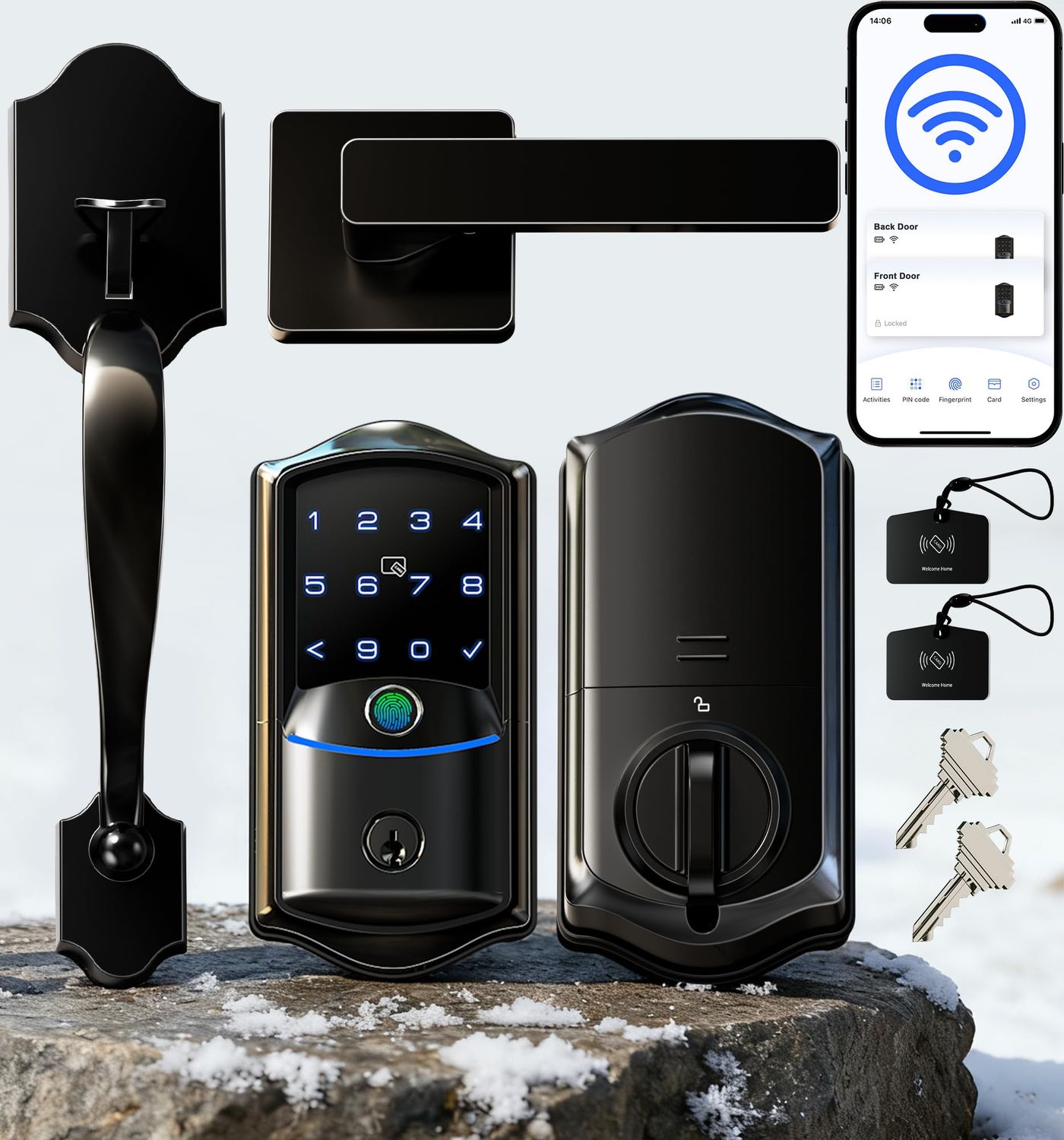 Veise VE-H Built-in Wi-Fi Fingerprint Smart Deadbolt Lock with Handleset, App Remote &amp; Voice Control, Keyless Entry Front Door Set, Touchsc