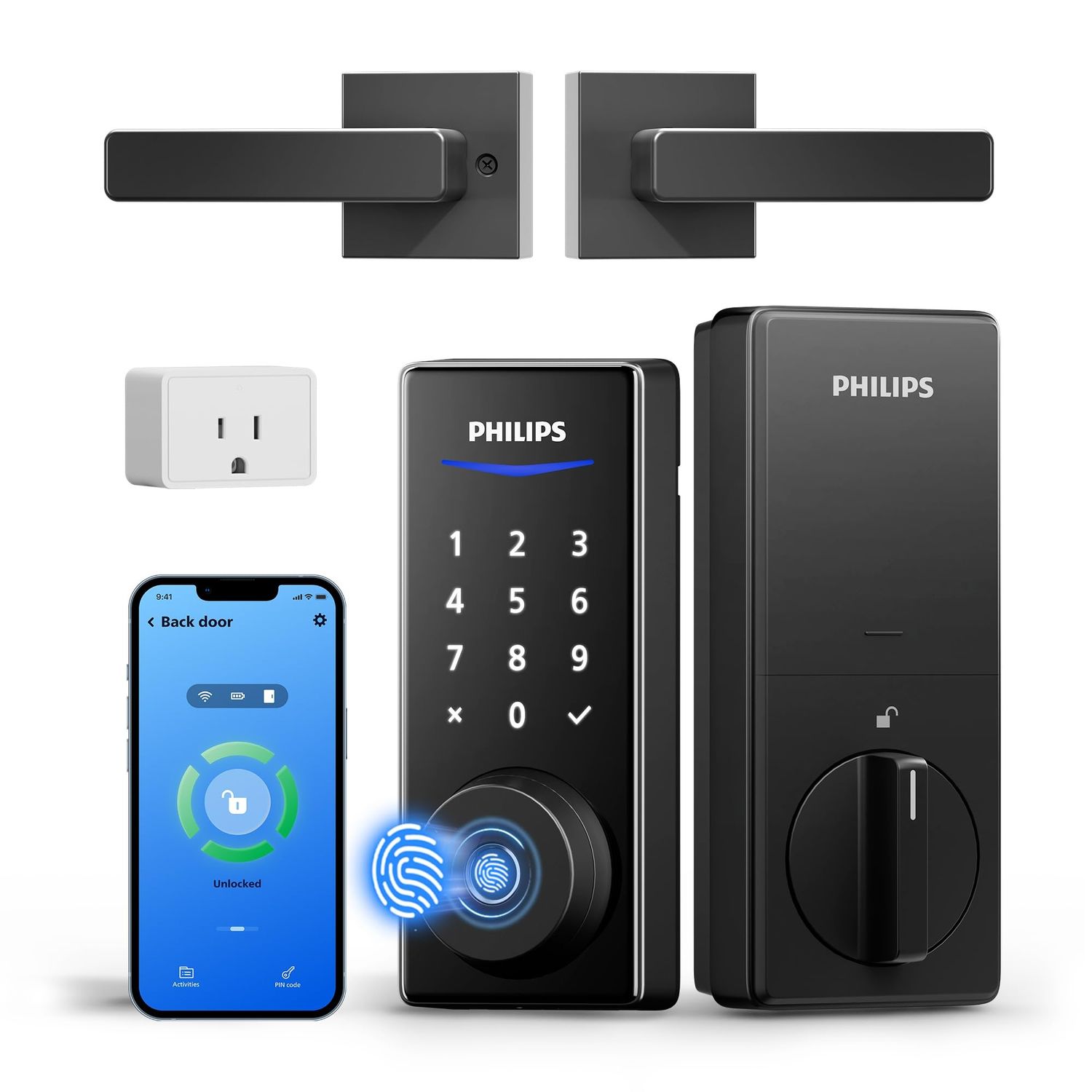 Philips WiFi Smart Lock with Handle, Fingerprint Keyless Entry Door with Bridge, Locks for Front with Handle Set, APP Remote C