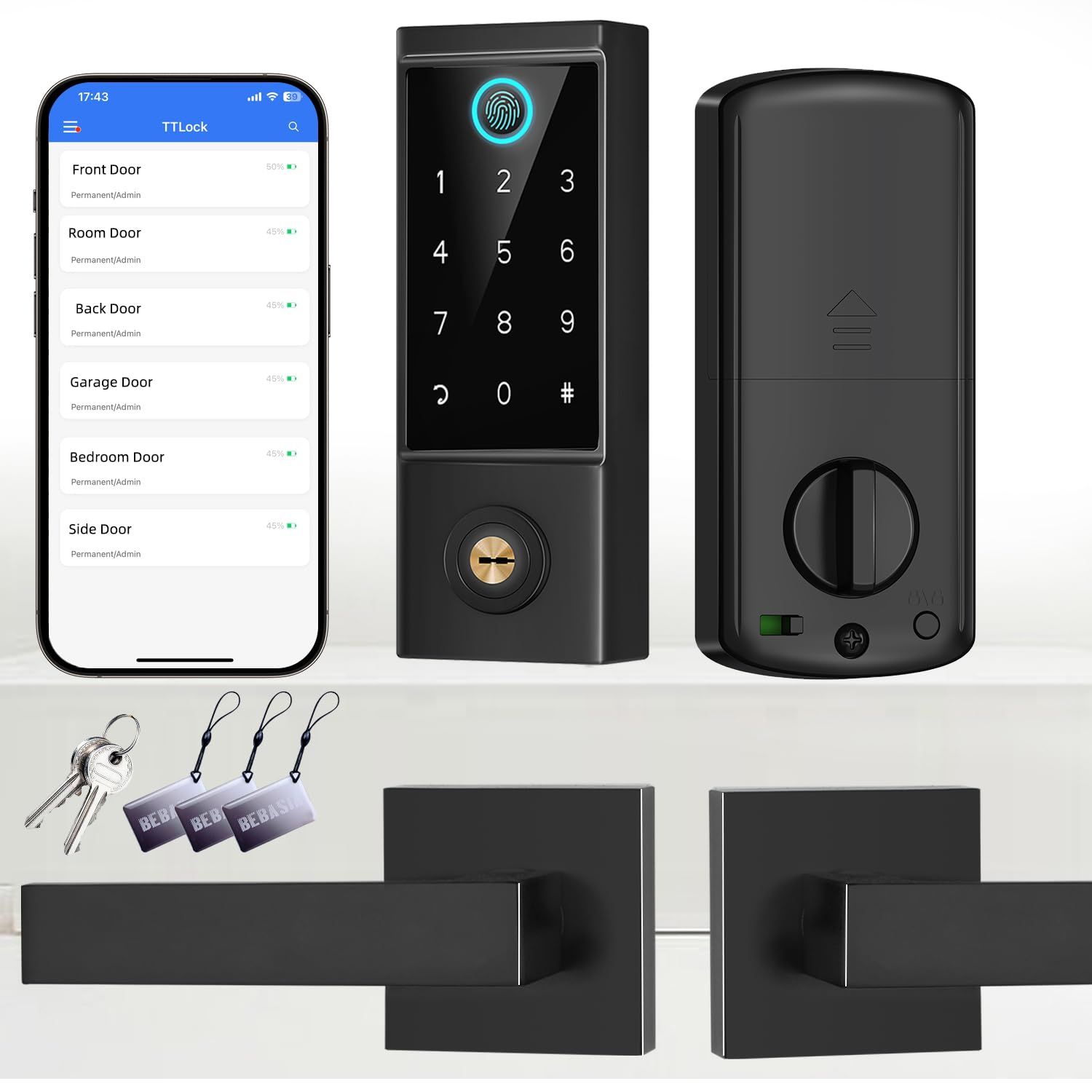 BEBASIA APP Control Fingerprint Lock with Handle, Heavy Duty Smart Keyless Entry Front Door Set, Keypad Deadbolt with Lever Handles, Loc