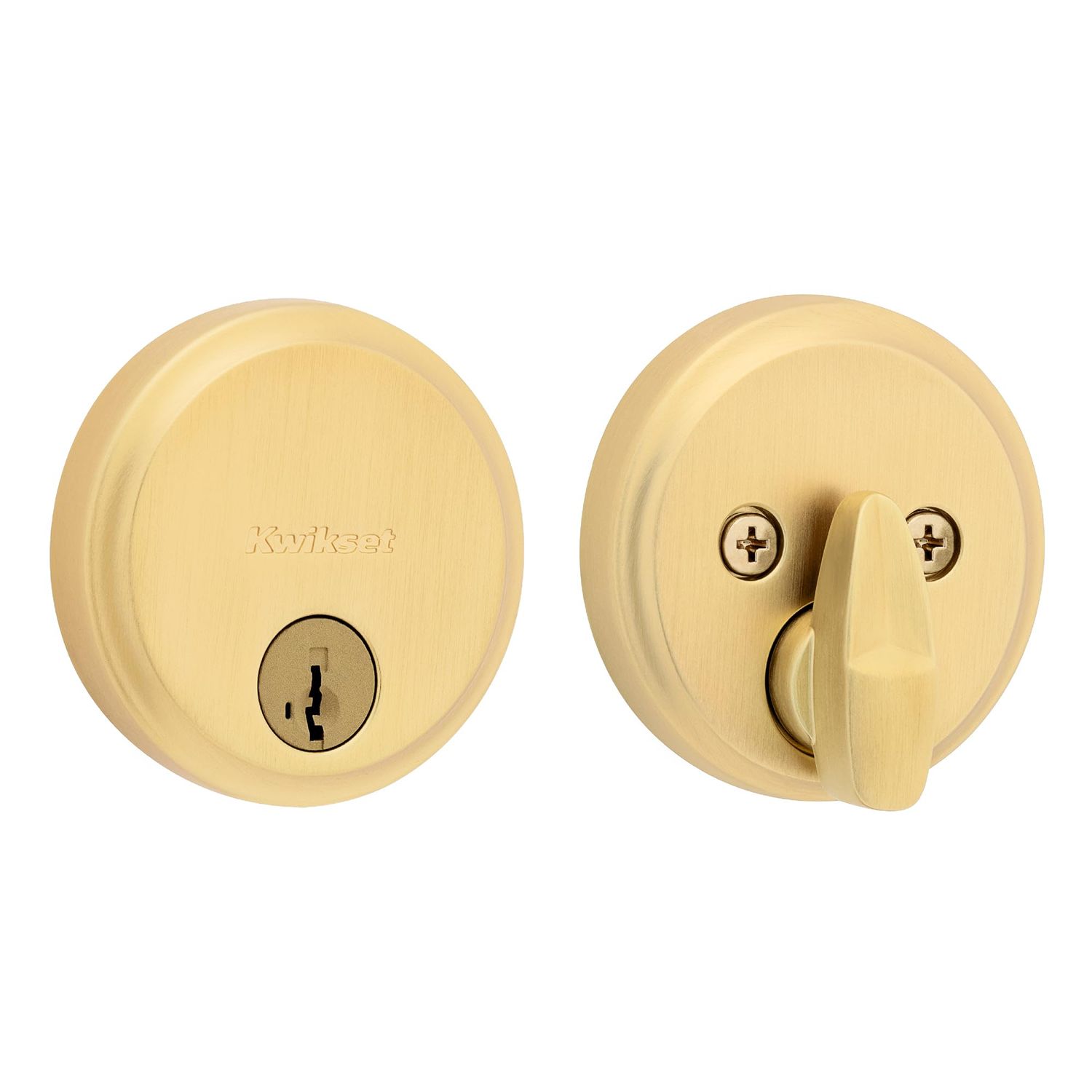 Kwikset Hometown Deadbolt Lock, Satin Brass, Round Exterior Keyed Front Entry Door, Pick Resistant SmartKey Rekey Security