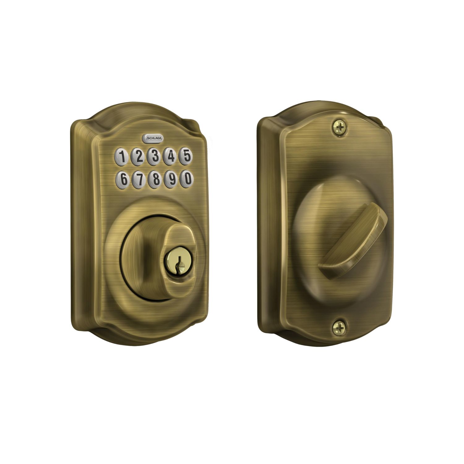 Schlage BE CAM Camelot Keypad Deadbolt, Electronic Keyless Entry Lock, Antique Brass