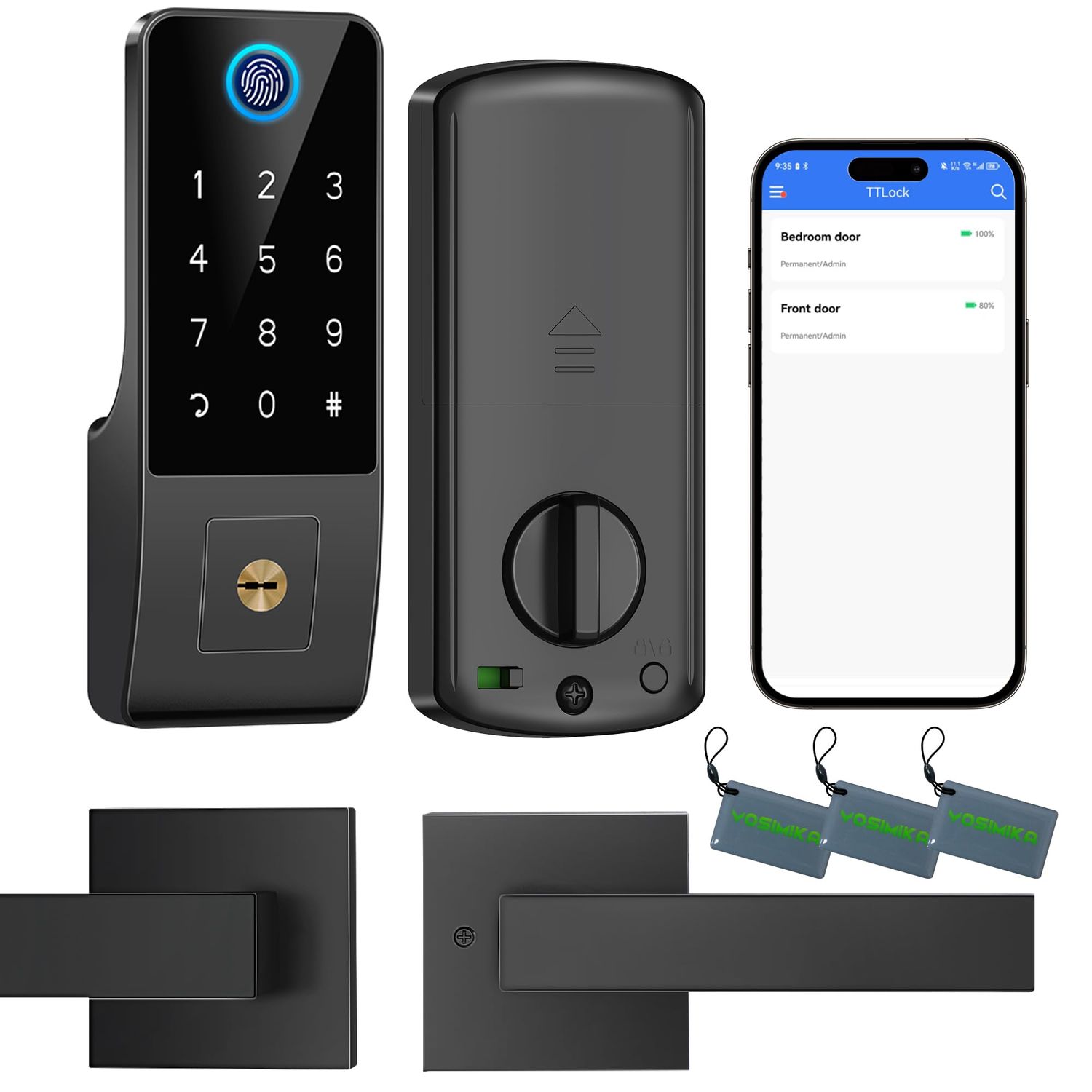 Smart Fingerprint Digital Door Lock - Keypad and 2-Lever Handle Set, Keyless Entry Deadbolt for Front Door, App &amp; Voice Control, Auto-Lock