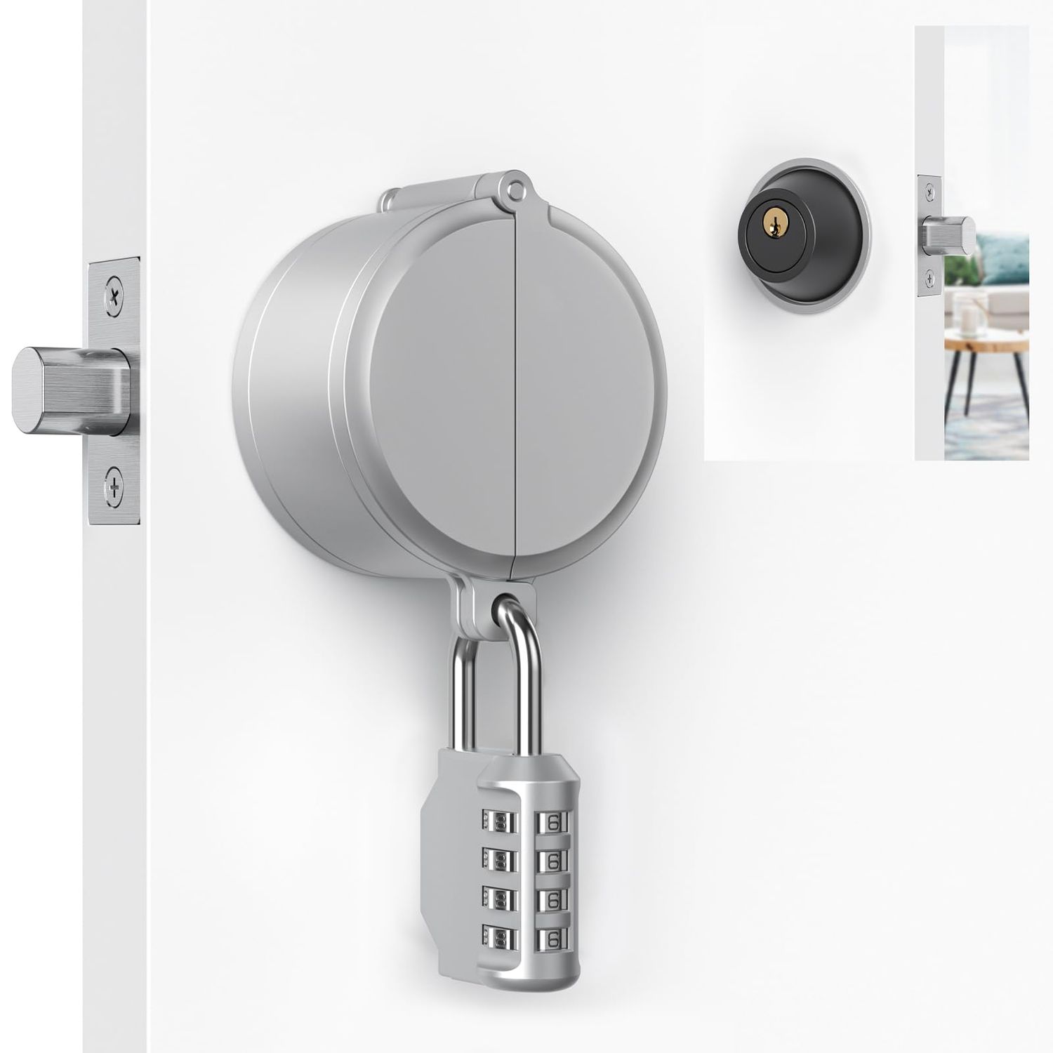 AST Round Deadbolt Lockout Device with 4-Digit Combination Padlock, No Drill Install, Protect Keyhole, Toddler proof Cover