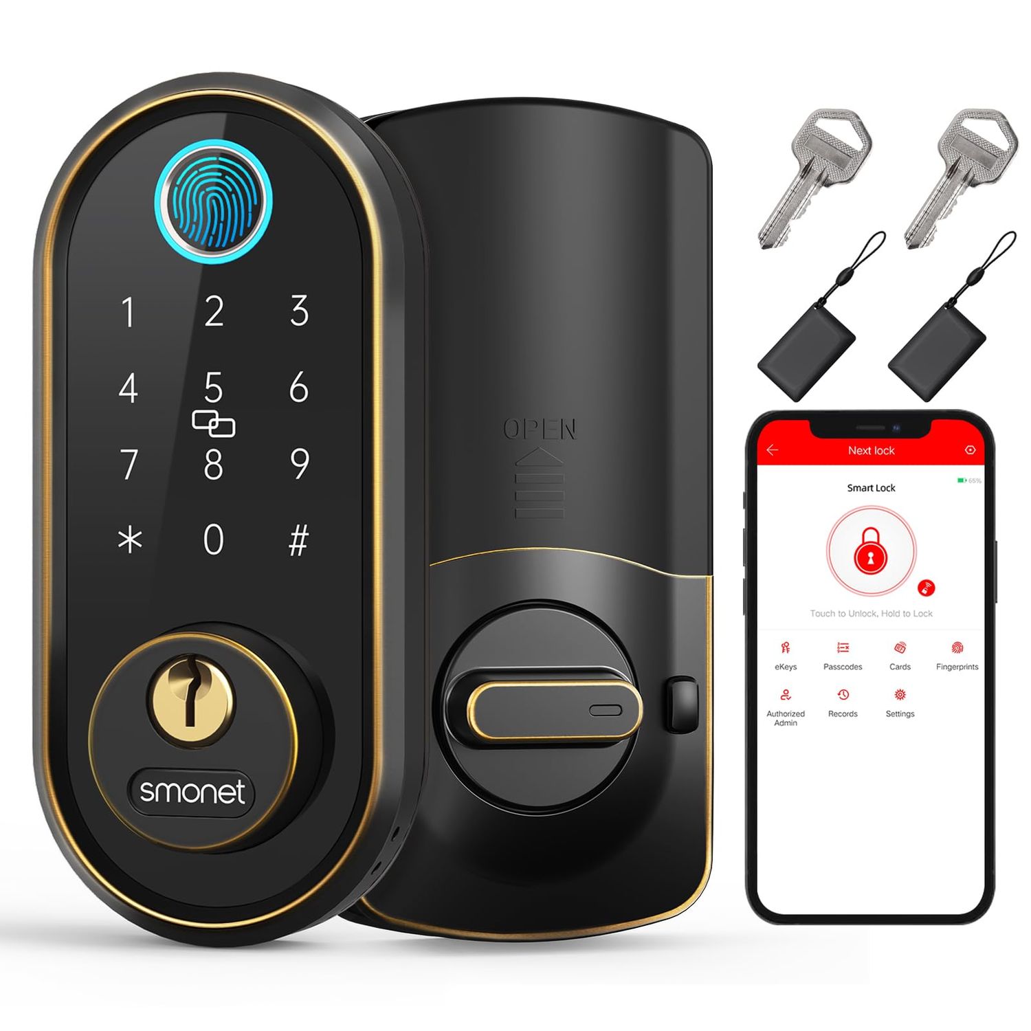 Smart Keyless Entry Door Lock - Fingerprint Electronic Deadbolt Touchscreen Keypad SMONET Biometric Digital Bluetooth Comp