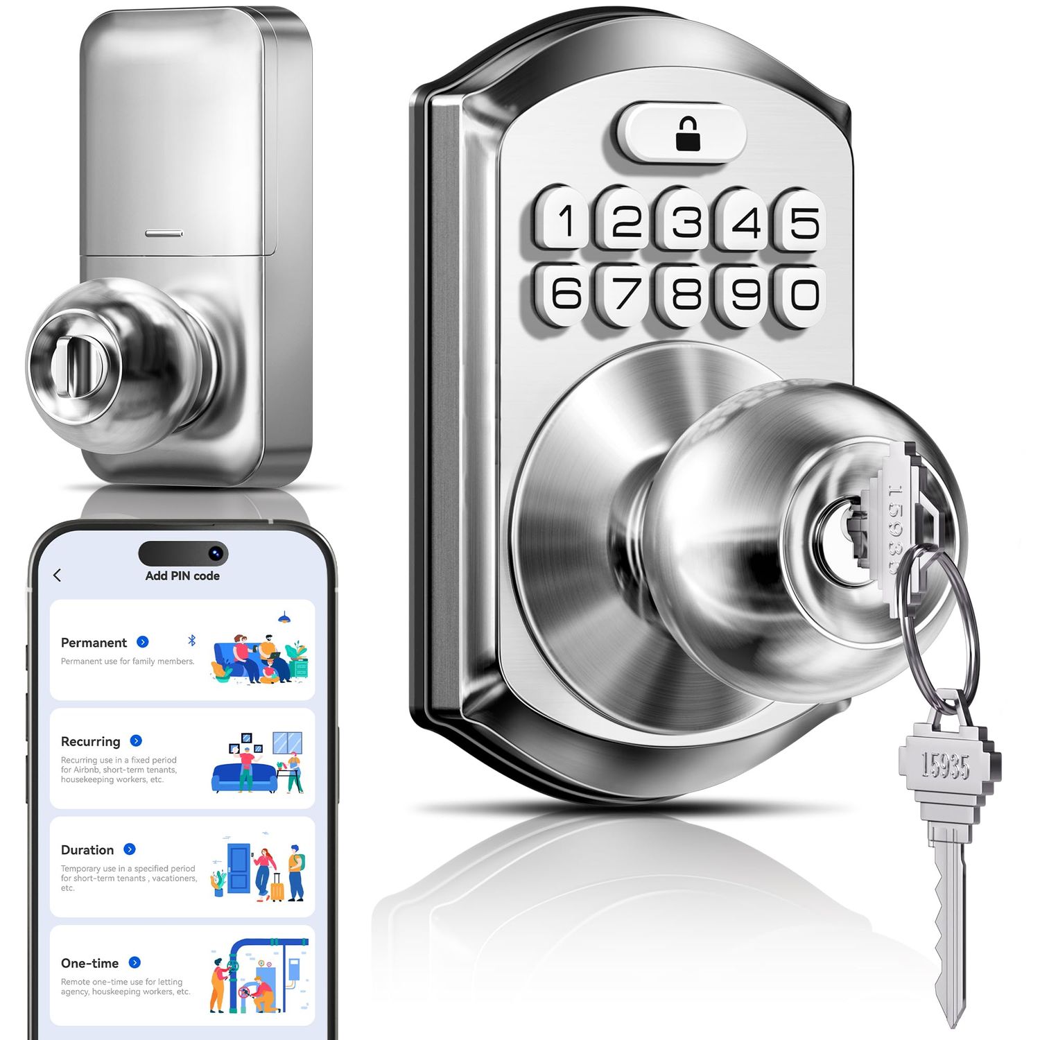 TEEHO TE Smart Keyless Door Knob with Keypad, Electronic Deadbolt Lock with Handle, App Control, One-Time Code