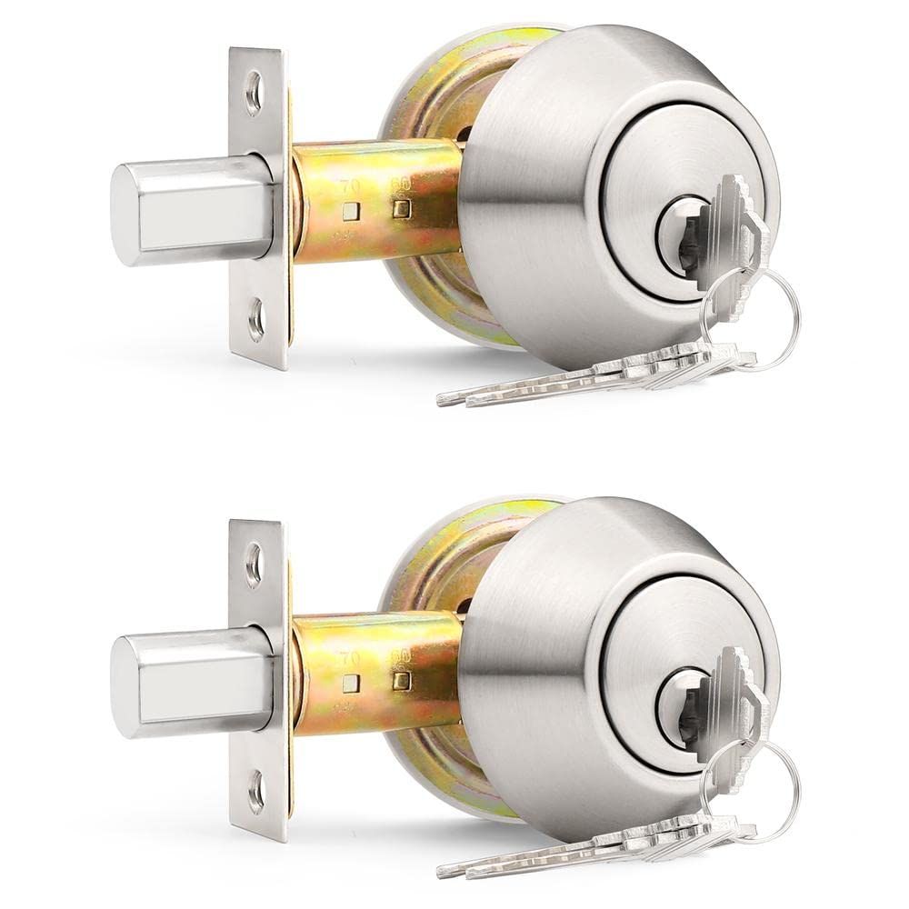 Probrico Keyed Alike Double Cylinder Deadbolt, 2 Side (Both) Round Modern Contemporary Deadbolt Door Lock for Interior and Exterior (Satin Ni