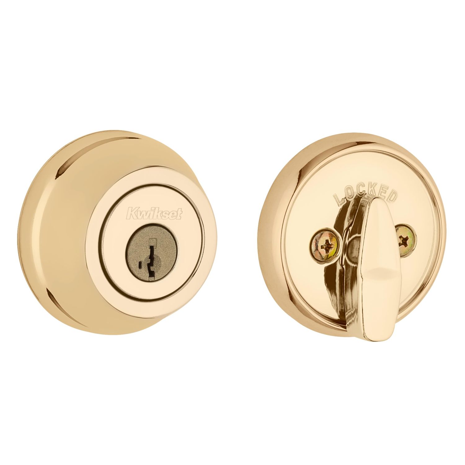 Kwikset Deadbolt Lock, Polished Brass Round Exterior Keyed Front Entry Door, Pick Resistant SmartKey Rekey Security, Single Cylinder Dead Bolt