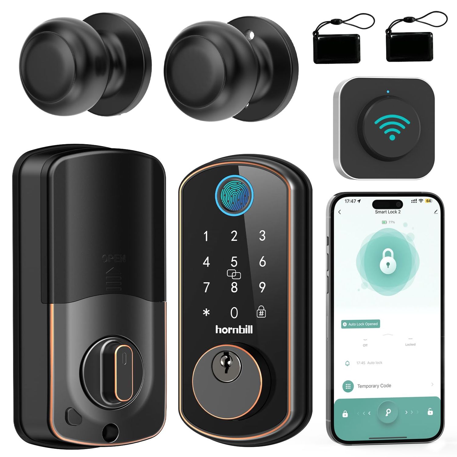 Smart Front Door Lock Set: Hornbill WiFi Keyless Entry Deadbolt with Handle Set with 2 Knobs Alexa Bluetooth Remote Code for Home Oil Rub