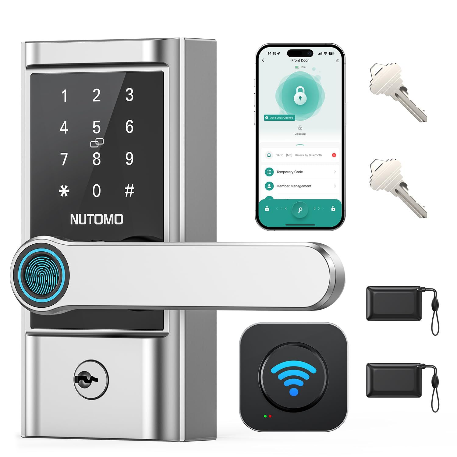 WiFi Keyless Entry Door Lock Handle Set : NUTOMO Silver Smart Front Lock, Handle, App Remote Control, Digital Bluetooth Keypad Dead