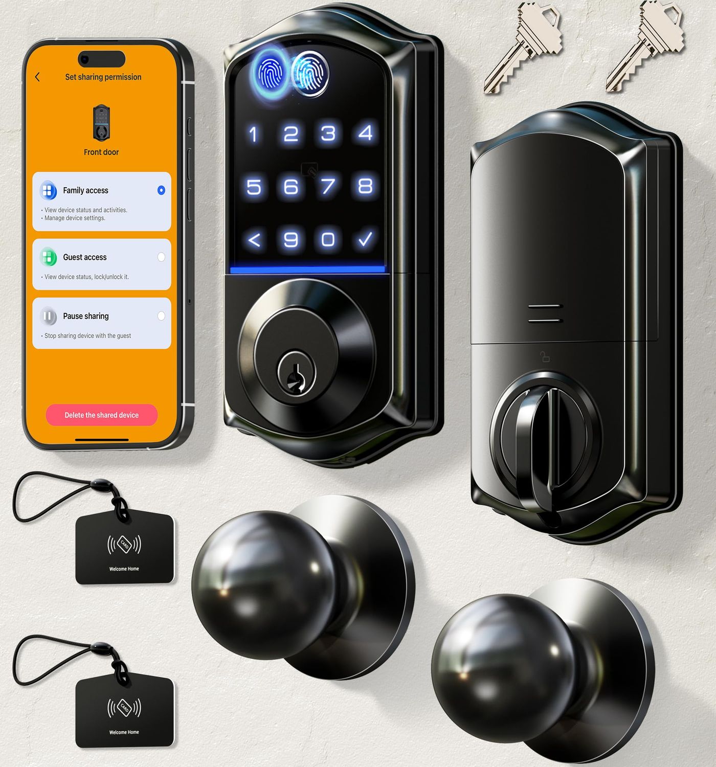 Veise VE-K Fingerprint Smart Lock with 2 Knobs, App Control, Keyless Entry Front Door Set, Electronic Touchscreen Keypad Deadbolt