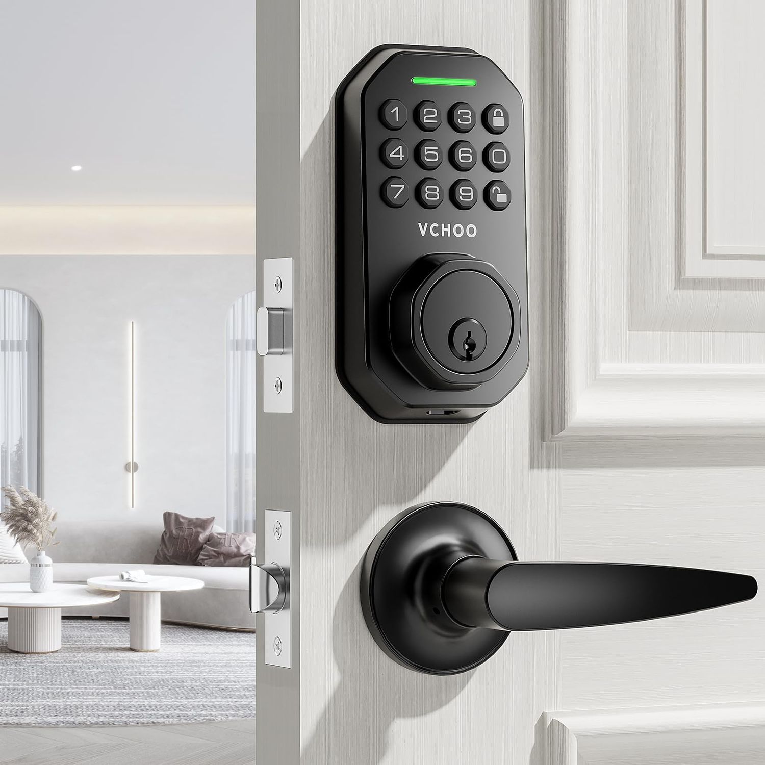 Keyless Entry Door Lock Set Smart Locks for Front Keypad with Handle Auto One Time Password Anti Peeping IP54, Black