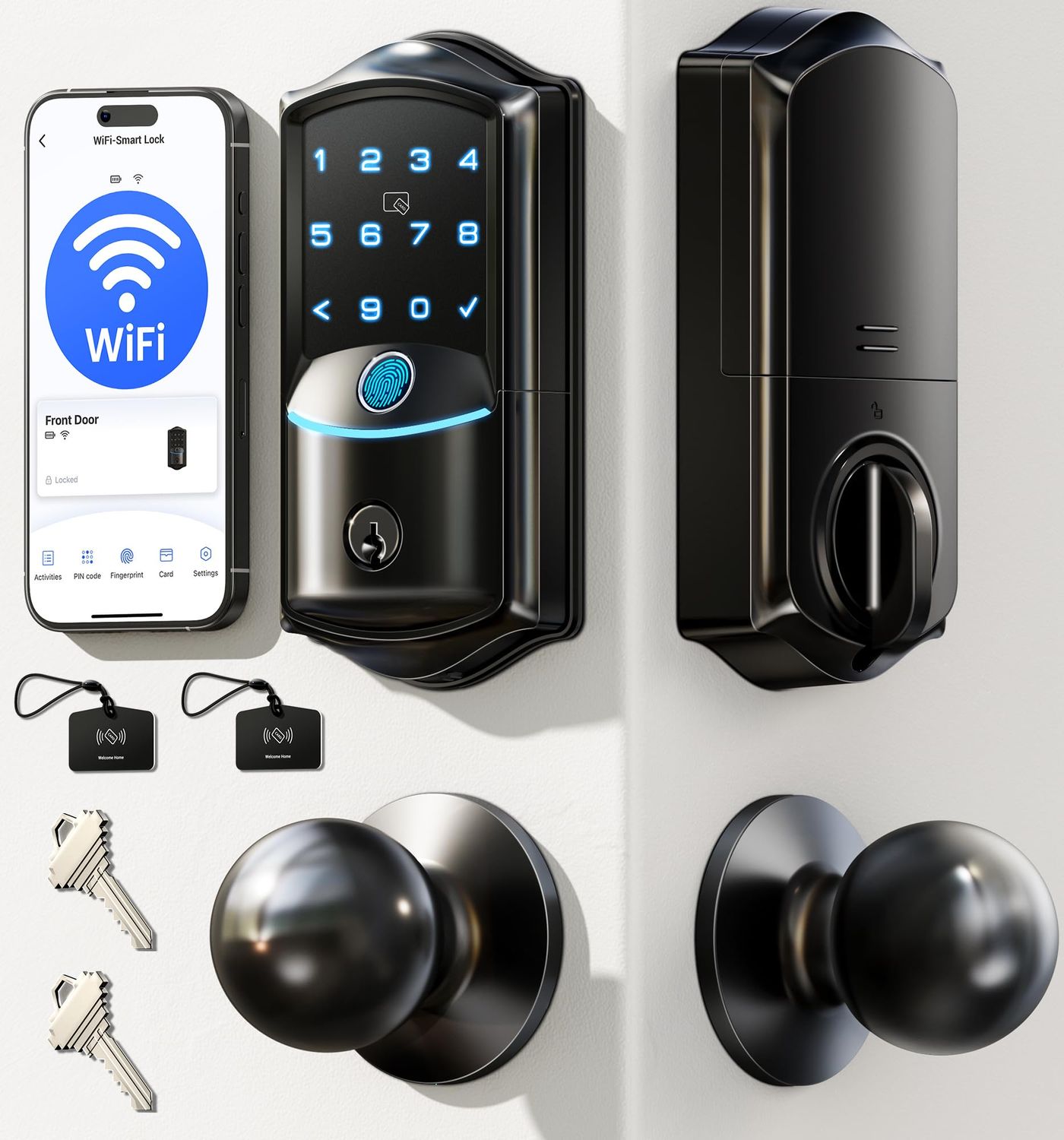 Veise VE-K Built-in WiFi Smart Lock with 2 Knob, Fingerprint Keyless Entry Door Handle Set for Front Door, App Remote Control, Electronic D