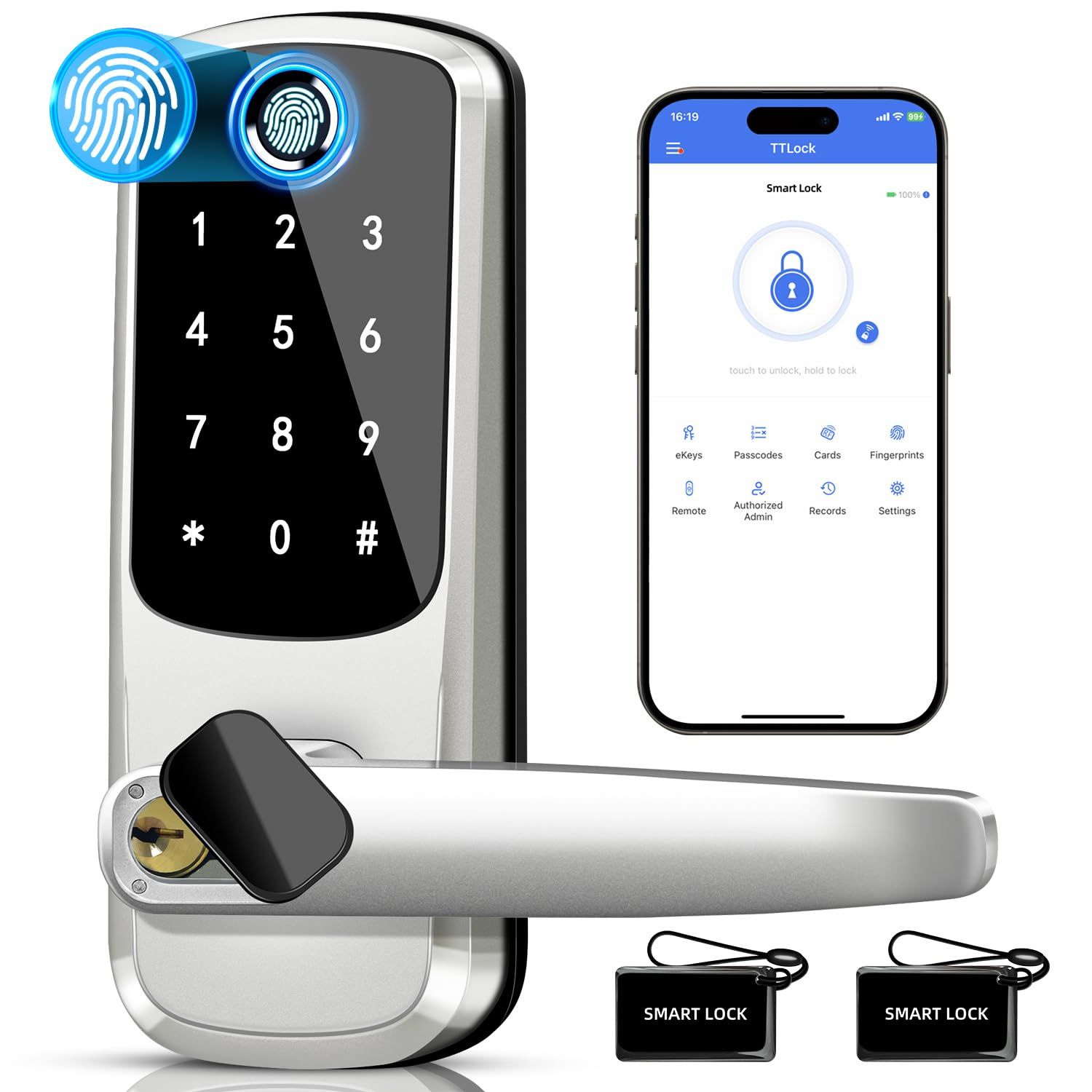 Smart Lock with Handle Set, Biometric Fingerprint Keyless Entry Deadbolt, Electronic Digital Keypad with App Control &amp; Auto-Lock for Front Door, Home