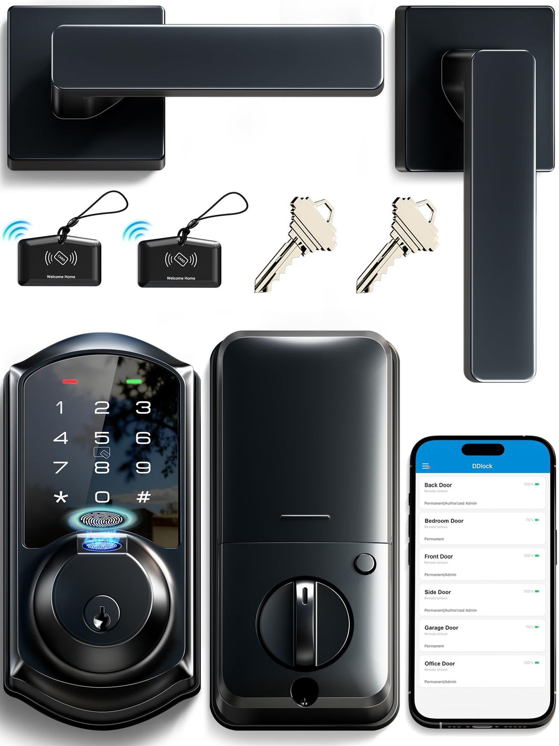 Veise VE07-L Fingerprint App Control Smart Locks with Heavy-Duty Zinc Alloy Handles, Keyless Entry for Front Door, Digital Electronic Touchscreen,
