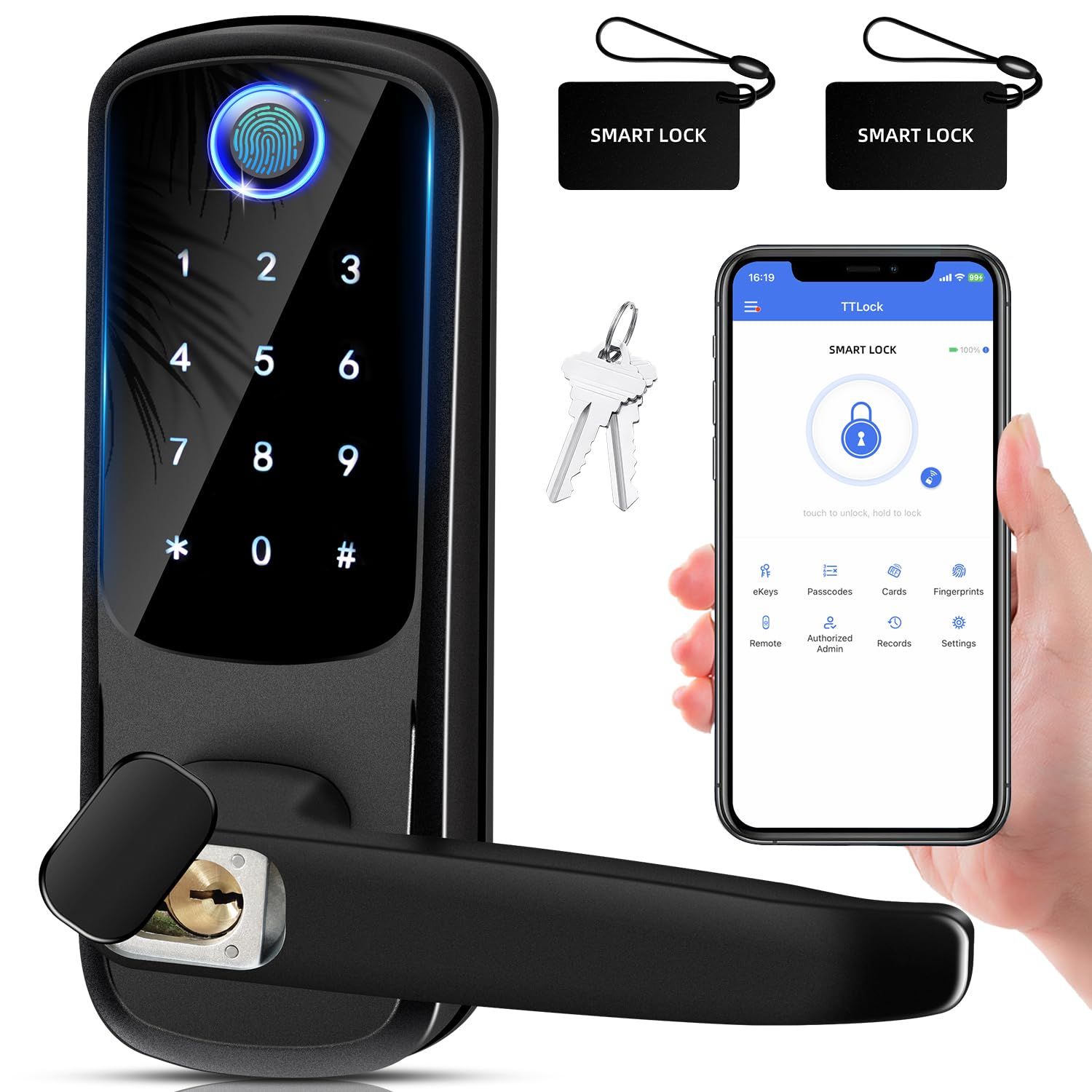 Smart Door Lock with Handle, Keyless Entry Digital for Front/Interior Door, Fingerprint Exterior Locks, Electronic Deadbolt with Keypad