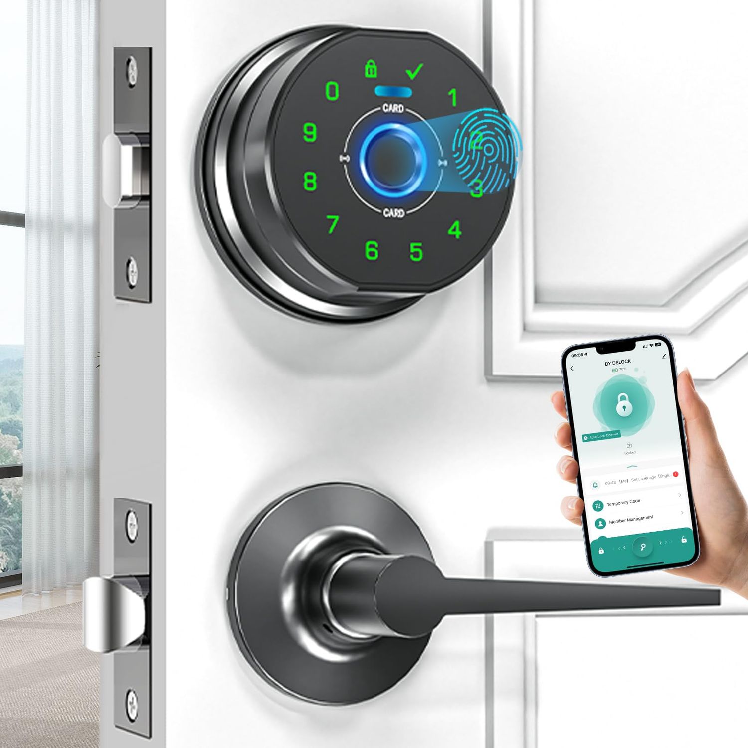 keyless Entry Door Lock deadbolt with Handle Set- Front Fingerprint Smart Locks with 2 Lever Handles-Keypad Code -App Control, Auto L