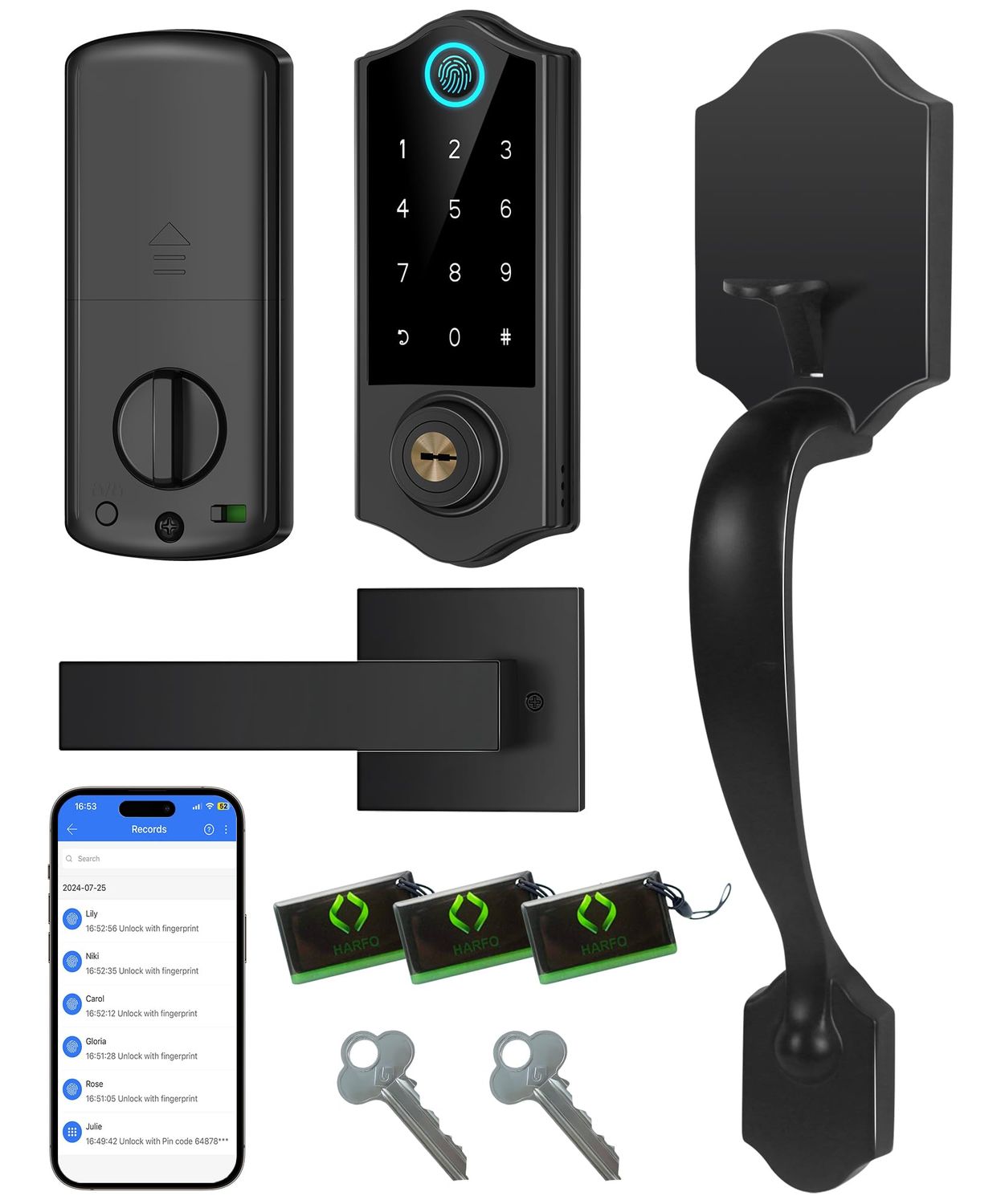 Harfo Fingerprint Smart Door Lock for Front with Handle Set, App Control, Keyless Entry Deadbolt, Digital Electronic Touchscreen Keypad