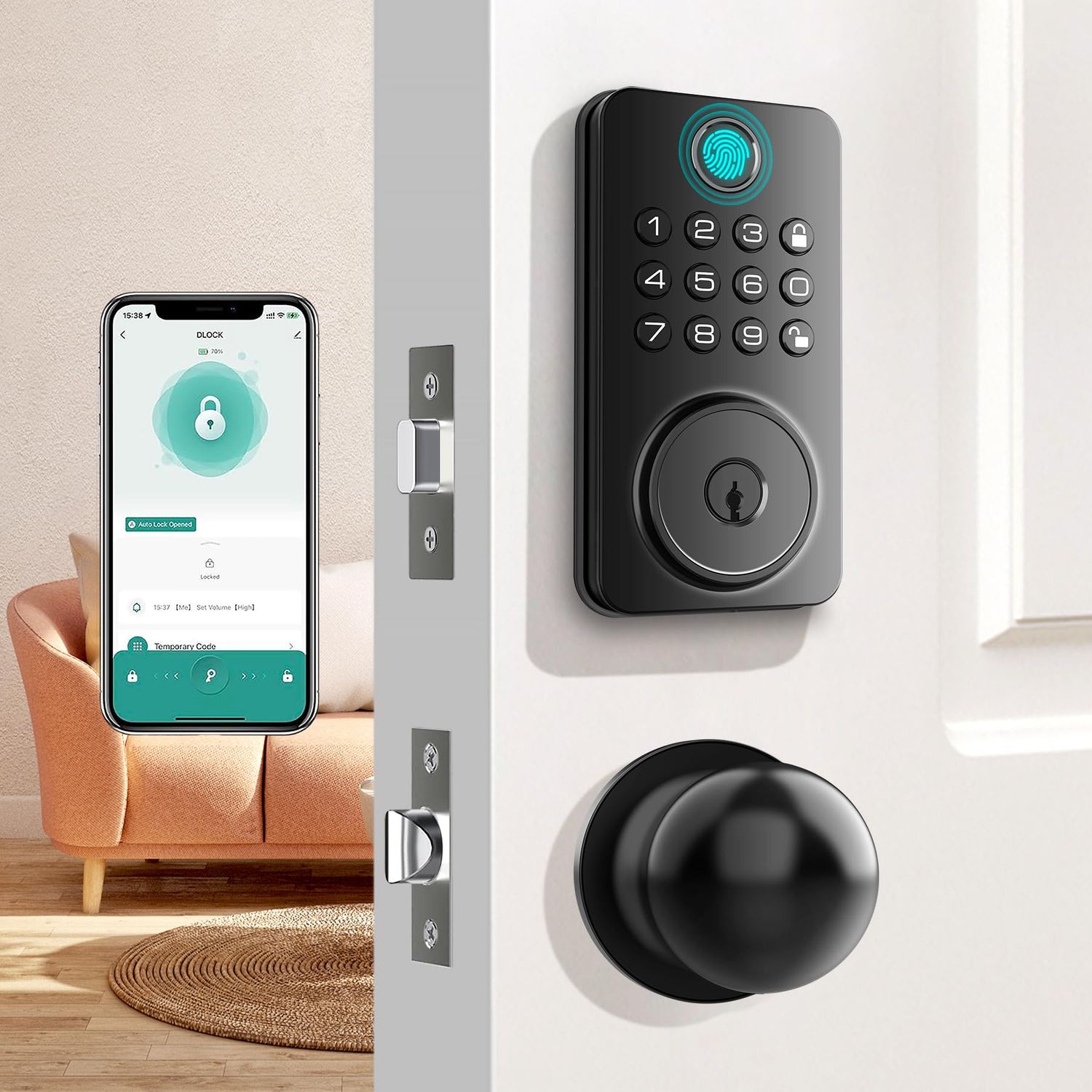 Fingerprint Door Lock Deadbolt with Handle Set – Smart Keyless Entry with 5-in-1 Unlock, Keypad with AutoLock, App Control Easy DIY Ins