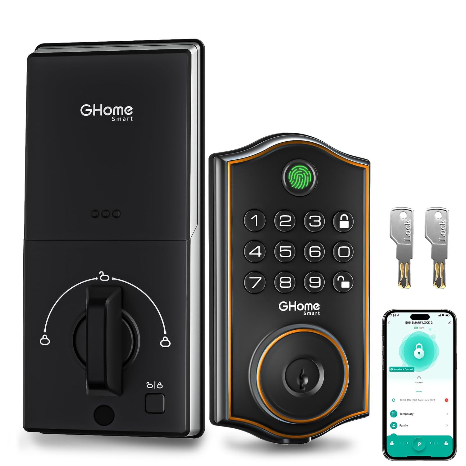 GHome Smart KD30B Deadbolt Lock with Keypad Fingerprint Keyless Entry Door Locks for Front Doors with APP Control Auto for Home Rental House A