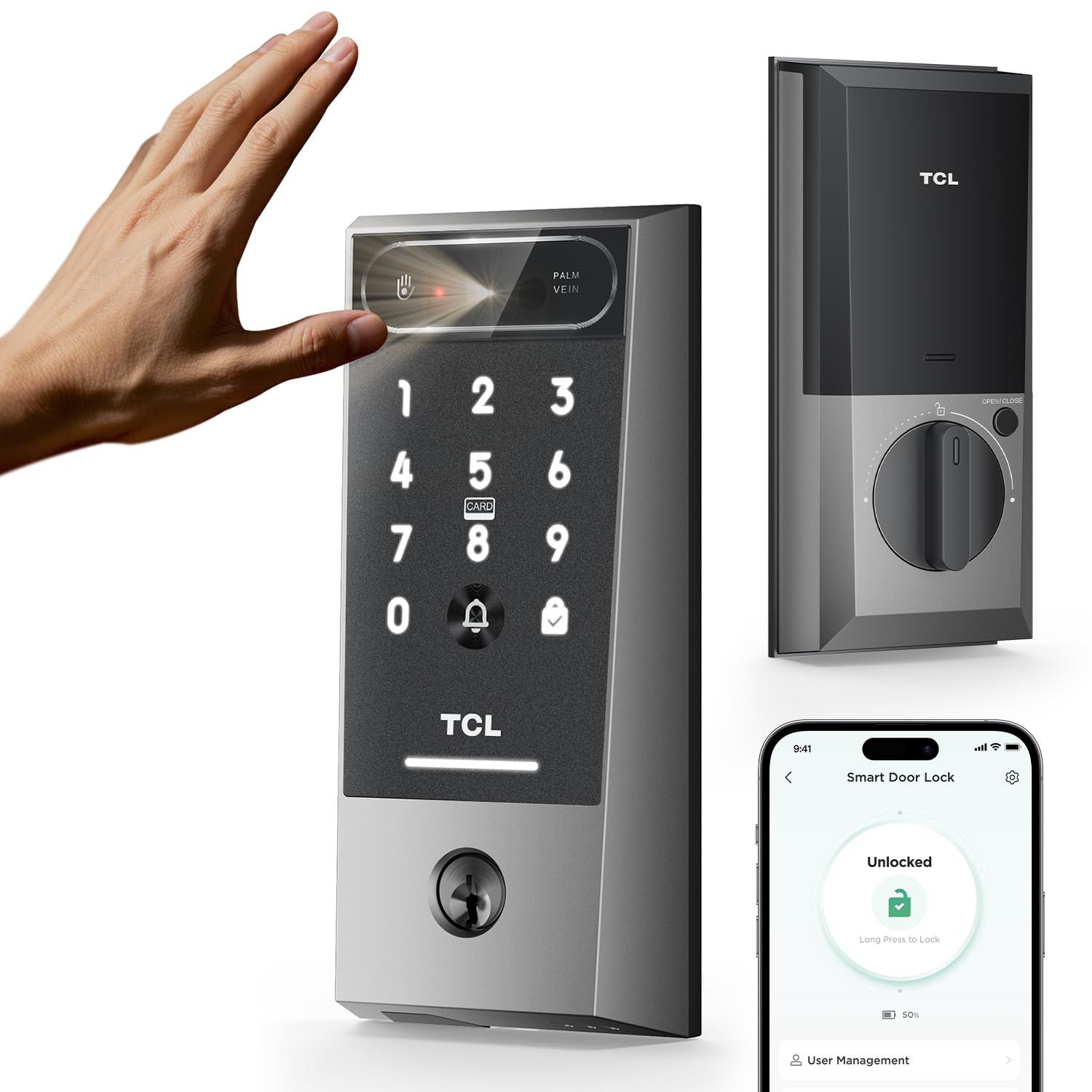 TCL D2 Pro Smart Lock with Palm Vein Recognition, Keyless Entry Door for Front Door, Wi-Fi Keypad Deadbolt, App Remote Control