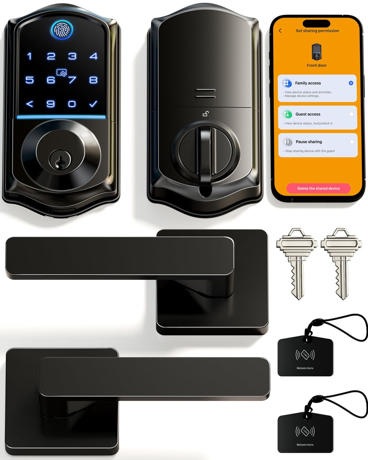 Veise VE-B Fingerprint Smart Lock for Front Door, App Control, 8-in-1 Keyless Entry Deadbolt with 2 Zinc Alloy Lever Handles Set, Emergency Powe