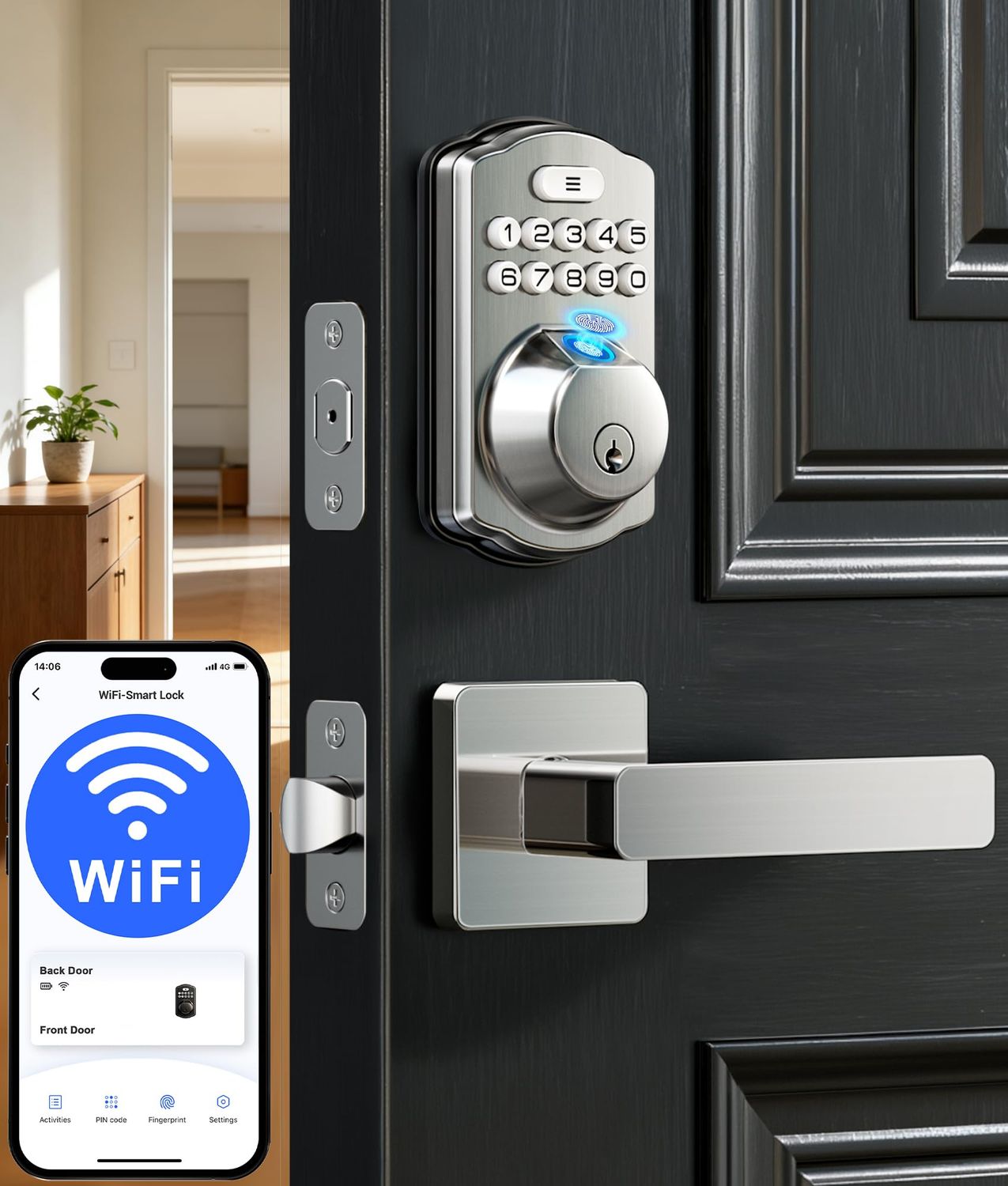 Veise VEW-L Built-in Wi-Fi Fingerprint Smart Lock with Lever Handle Set, App Remote Control, Keyless Entry for Front Door, Deadbolt Digital Back