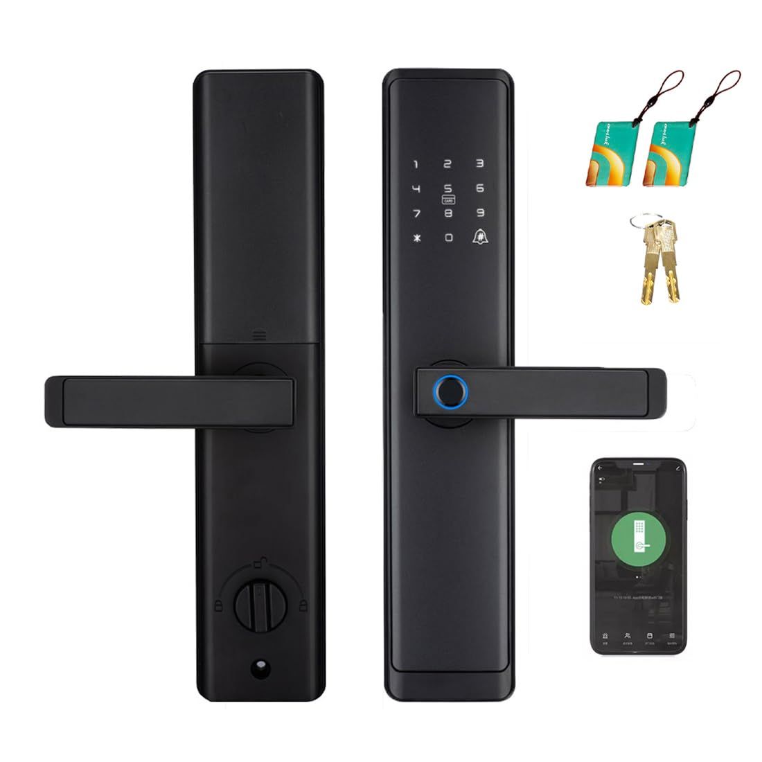 Fingerprint Door Lock with Handle - Tuya App Control &amp; Mechanical Key Backup 5-in-1 Keyless Entry Smart Fits .72inch Doors, Auto Loc
