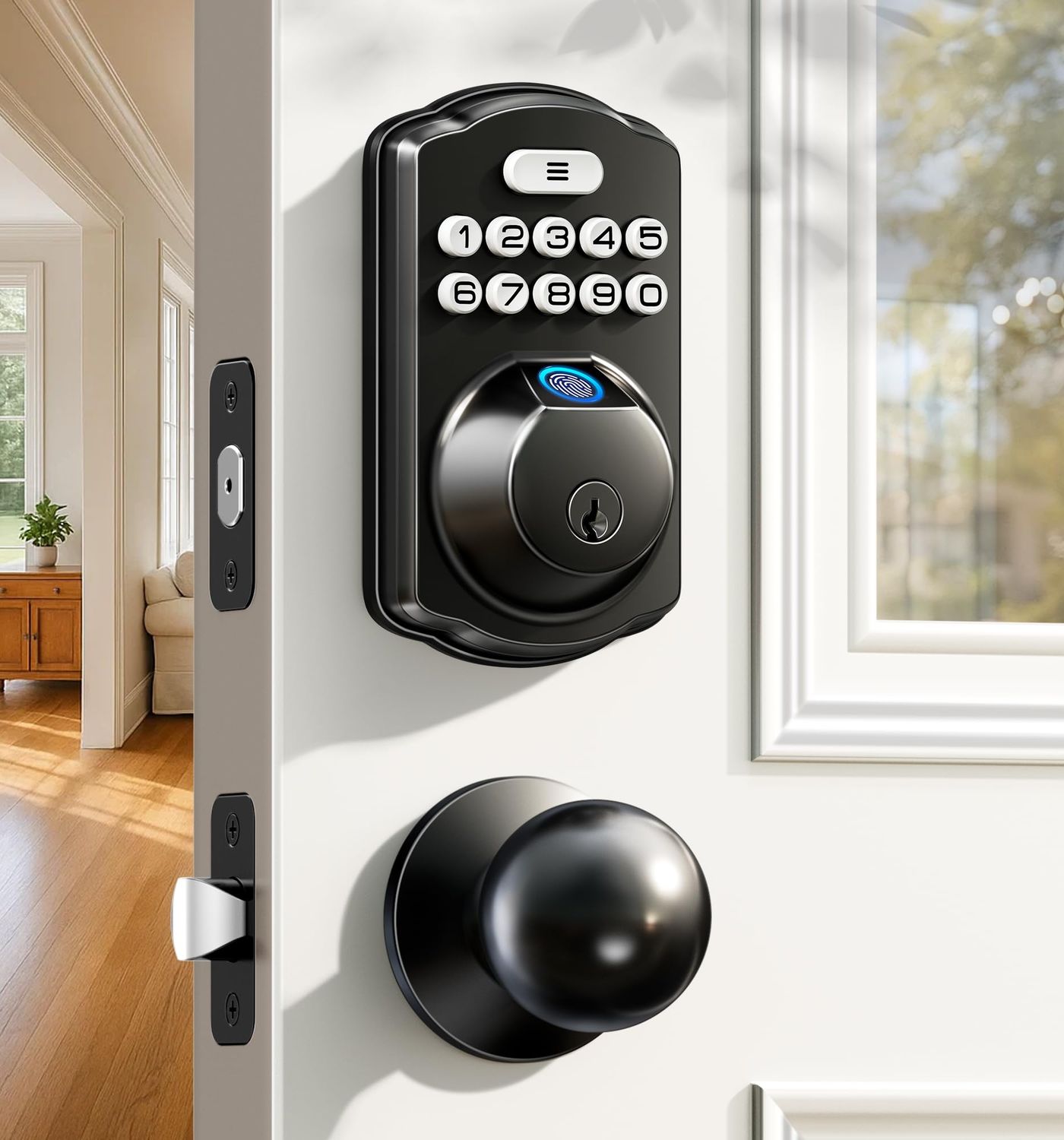 Veise Fingerprint Door Lock with 2 Knobs - Keyless Entry with Handle, Electronic Keypad Deadbolt, Smart Front Handle Set, Auto-Locking