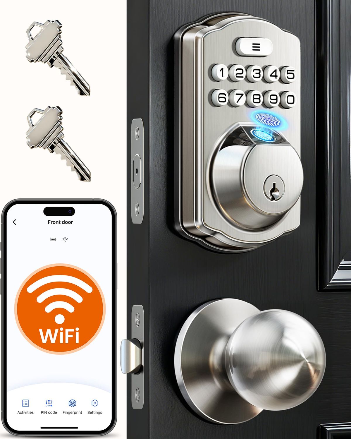 Veise VEW-K Built-in WiFi Fingerprint Smart Lock with 2 Knobs, No Hub Needed, Remote APP Control, Keyless Entry Door