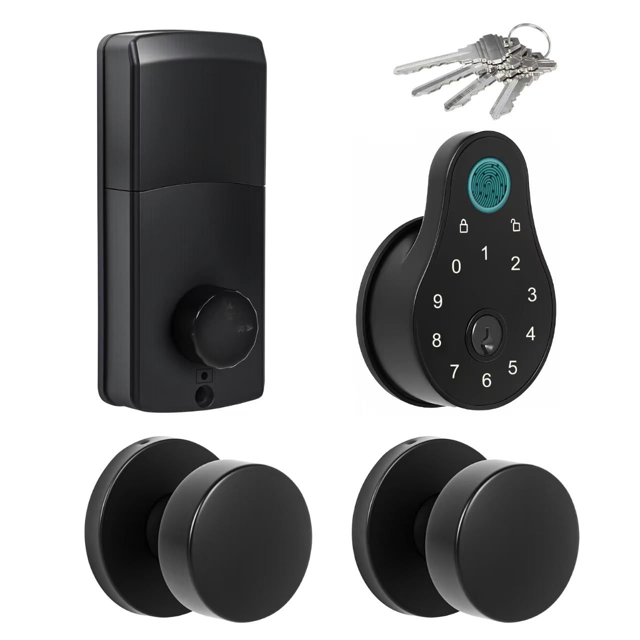 keyless Entry Door Lock deadbolt with Handle Set-Code, Key, Fingerprint and Black knobs-Touchscreen Keypad Smart Locks for F