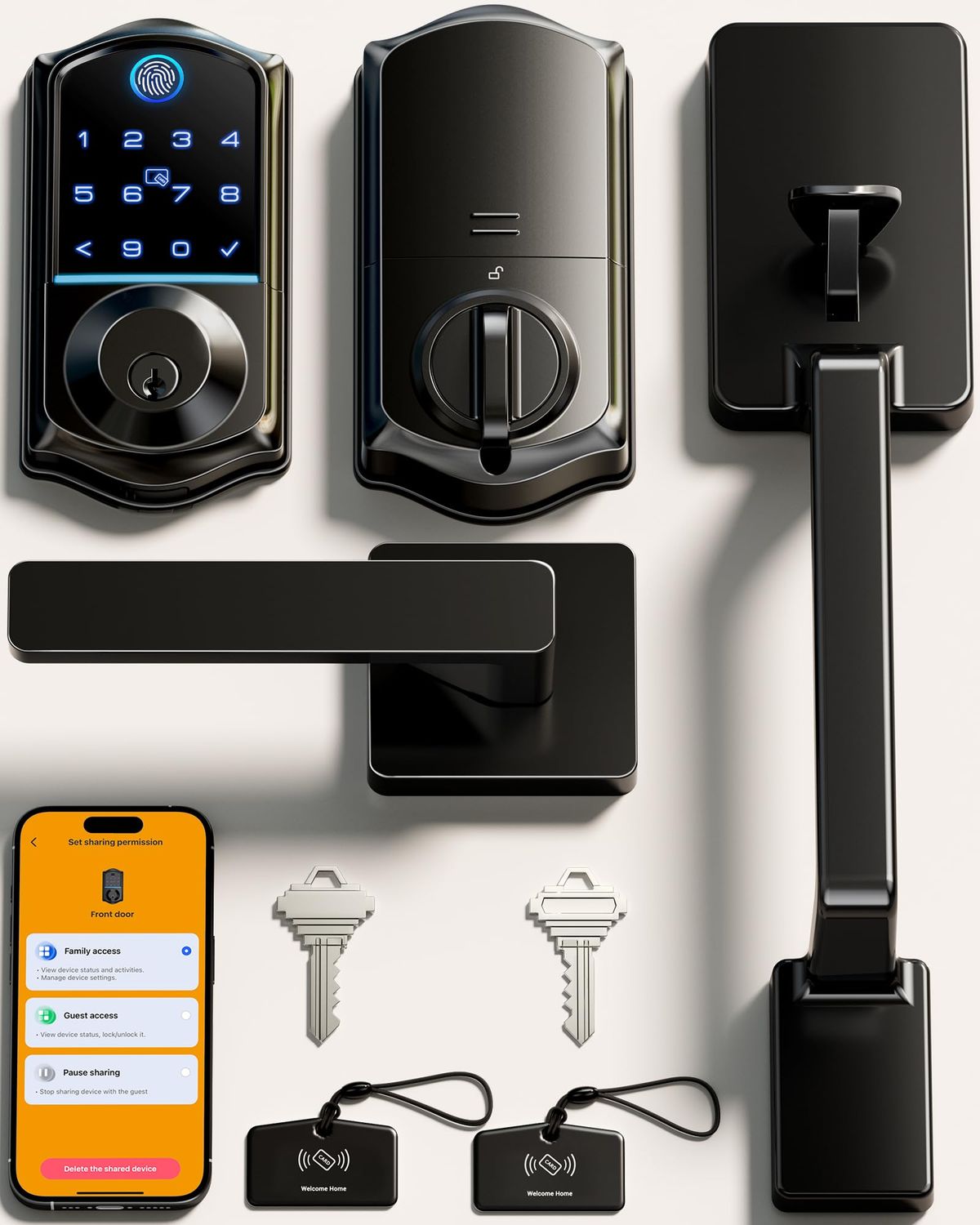 Veise VE-D Smart Fingerprint Front Door Lock Set, App Control, 8-in-1 Keyless Entry Deadbolt with Lever Handle, Touchscreen Keypad