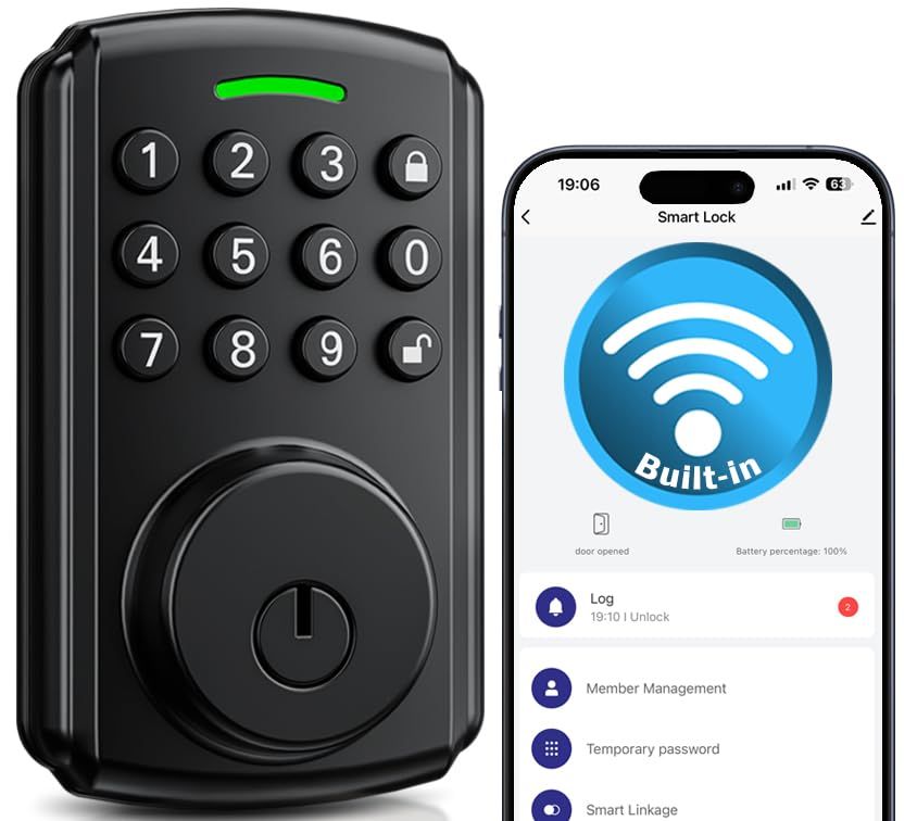 Built-in WiFi Keyless Entry Door Lock with Keypad, App Remote Control, No Bridge Required, Auto