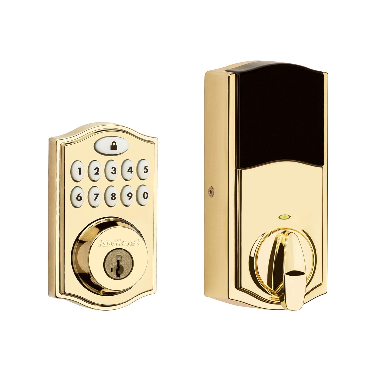 Kwikset Traditional Keypad SmartCode Electronic Deadbolt Smart Lock featuring SmartKey Security and ZigBee 3.0 Technology in Polished Brass
