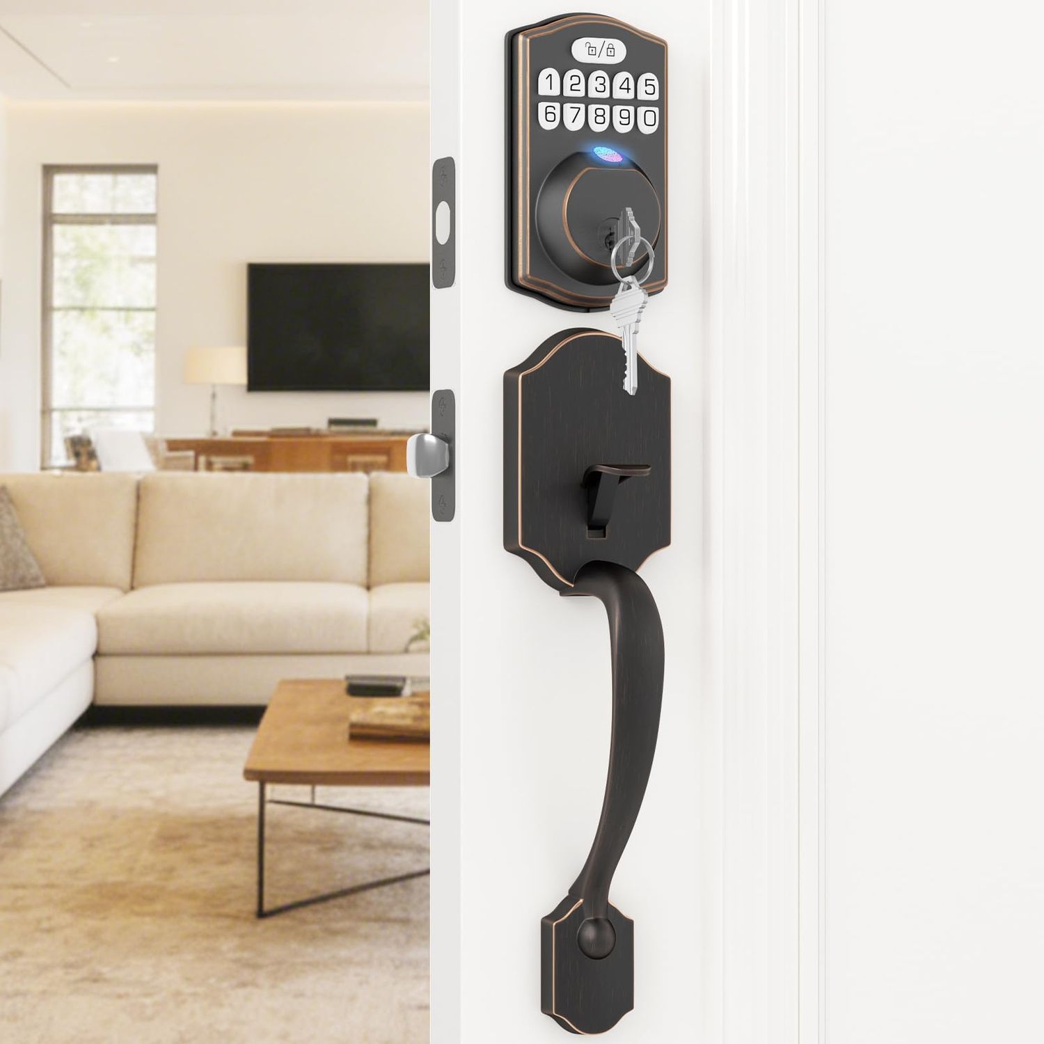 HOSOM Smart Fingerprint Door Lock Set, Keyless Entry Front Handle Electronic Keypad Deadbolt with Lever Handle, Auto-Locking