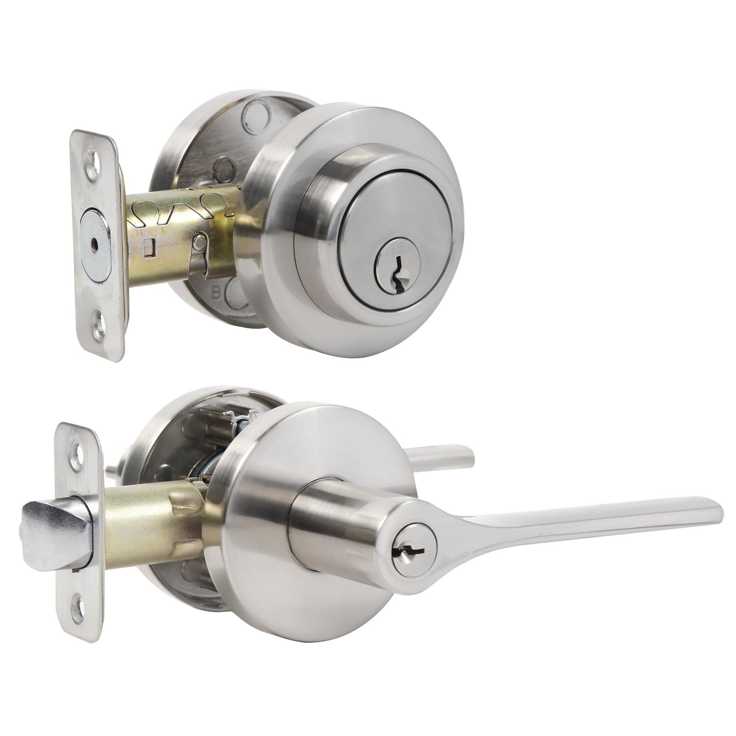Door Handles Exterior, Keyed Entry Lever and Single Cylinder Deadbolt Combo Pack, Doorknob with Lock and Key, Round Locksets Front